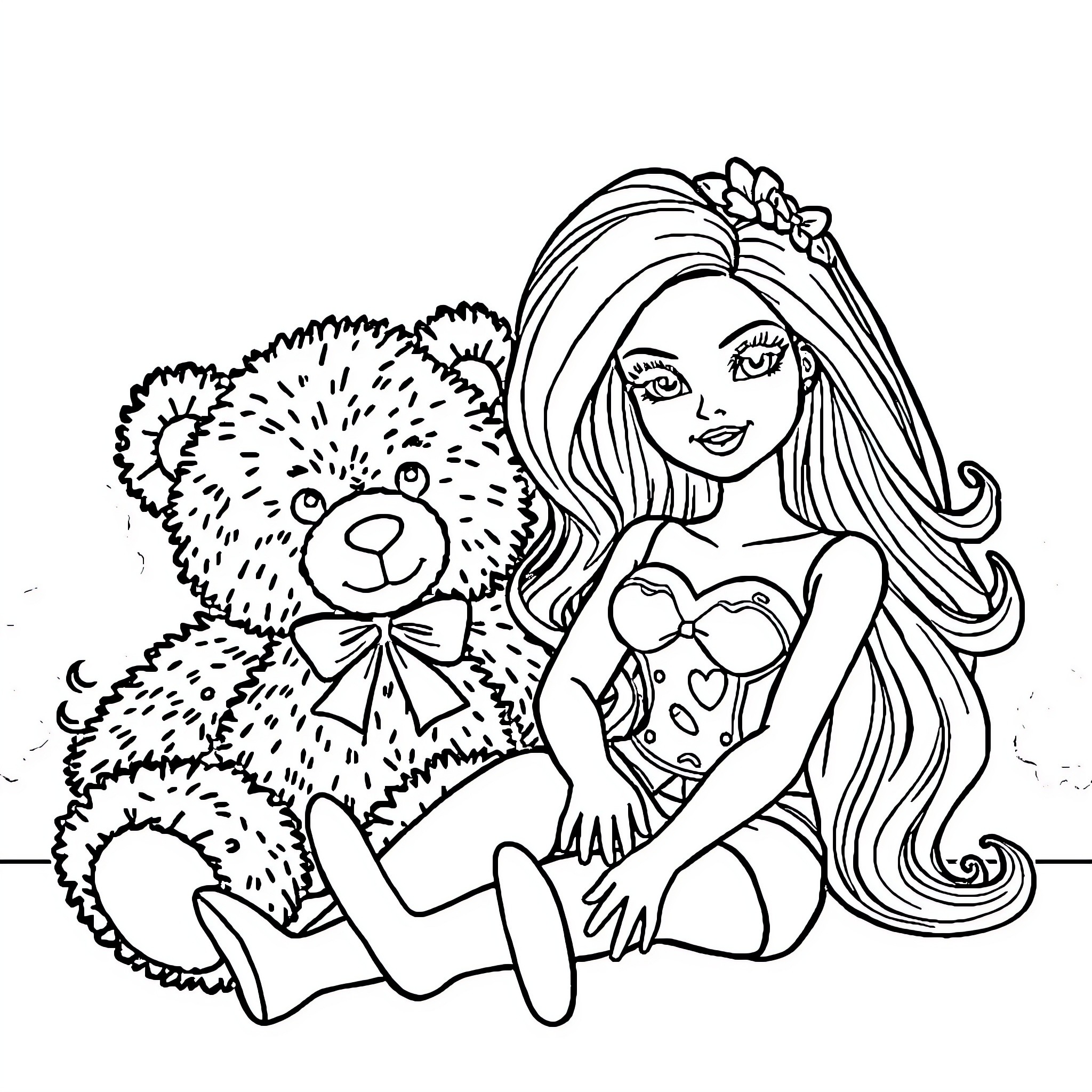 Barbie and her Beloved Teddy Bear Coloring Page (free black-and-white line drawing printable PDF for all, from beginners to advanced learners, including children, teens, adults, and seniors)