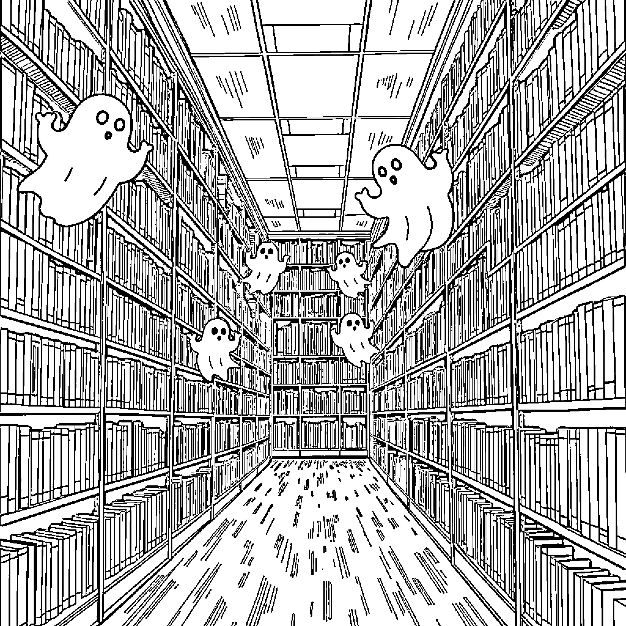 Ghost Spirits Haunting the Library Shelves Coloring Page (free black-and-white line drawing printable PDF for all, from beginners to advanced learners, including children, teens, adults, and seniors)