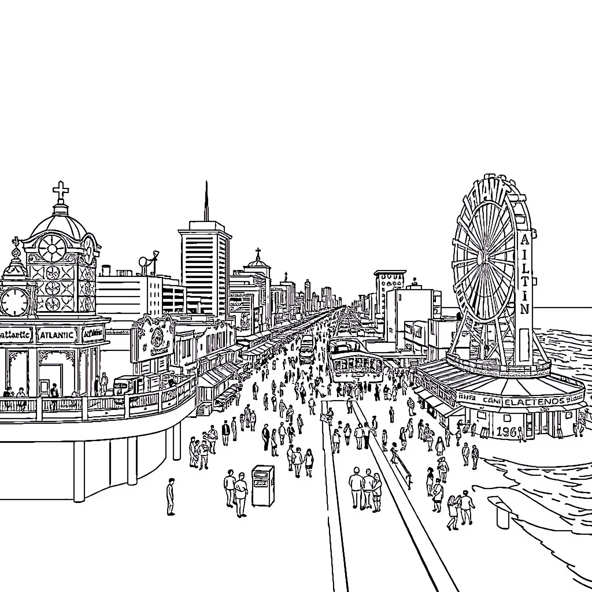 Atlantic City Boardwalk Scene with Ferris Wheel and Crowds Coloring Page (free black-and-white line drawing printable PDF for all, from beginners to advanced learners, including children, teens, adults, and seniors)