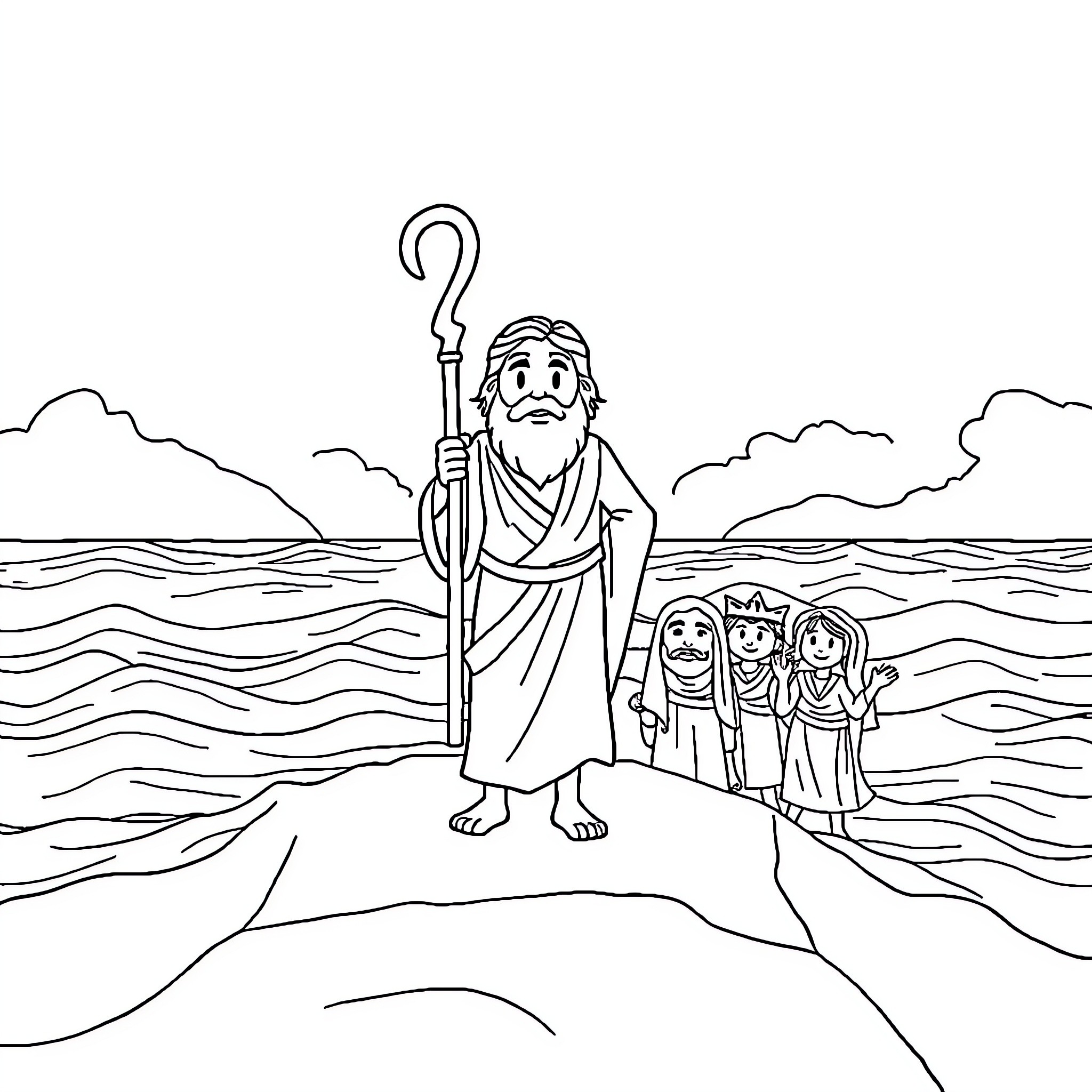 Moses leading his people through the parted sea Coloring Page (free black-and-white line drawing printable PDF for all, from beginners to advanced learners, including children, teens, adults, and seniors)