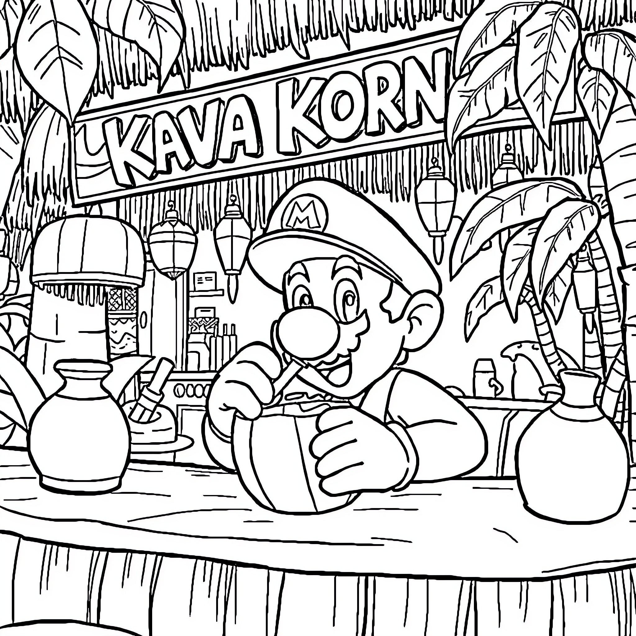 Super Mario exploring the Kava Korn market Coloring Page (free black-and-white line drawing printable PDF for all, from beginners to advanced learners, including children, teens, adults, and seniors)