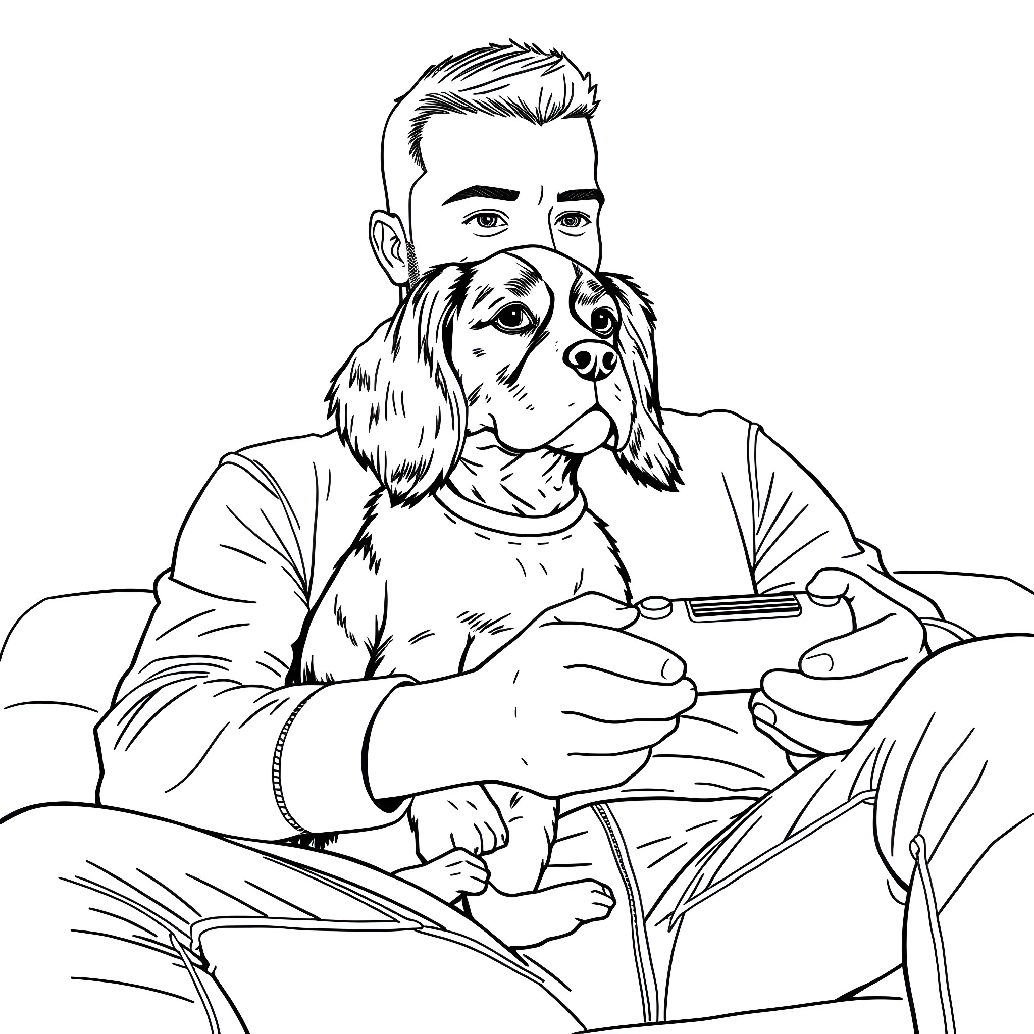 Dog Relaxing with Owner Playing Video Game Coloring Page (free black-and-white line drawing printable PDF for all, from beginners to advanced learners, including children, teens, adults, and seniors)