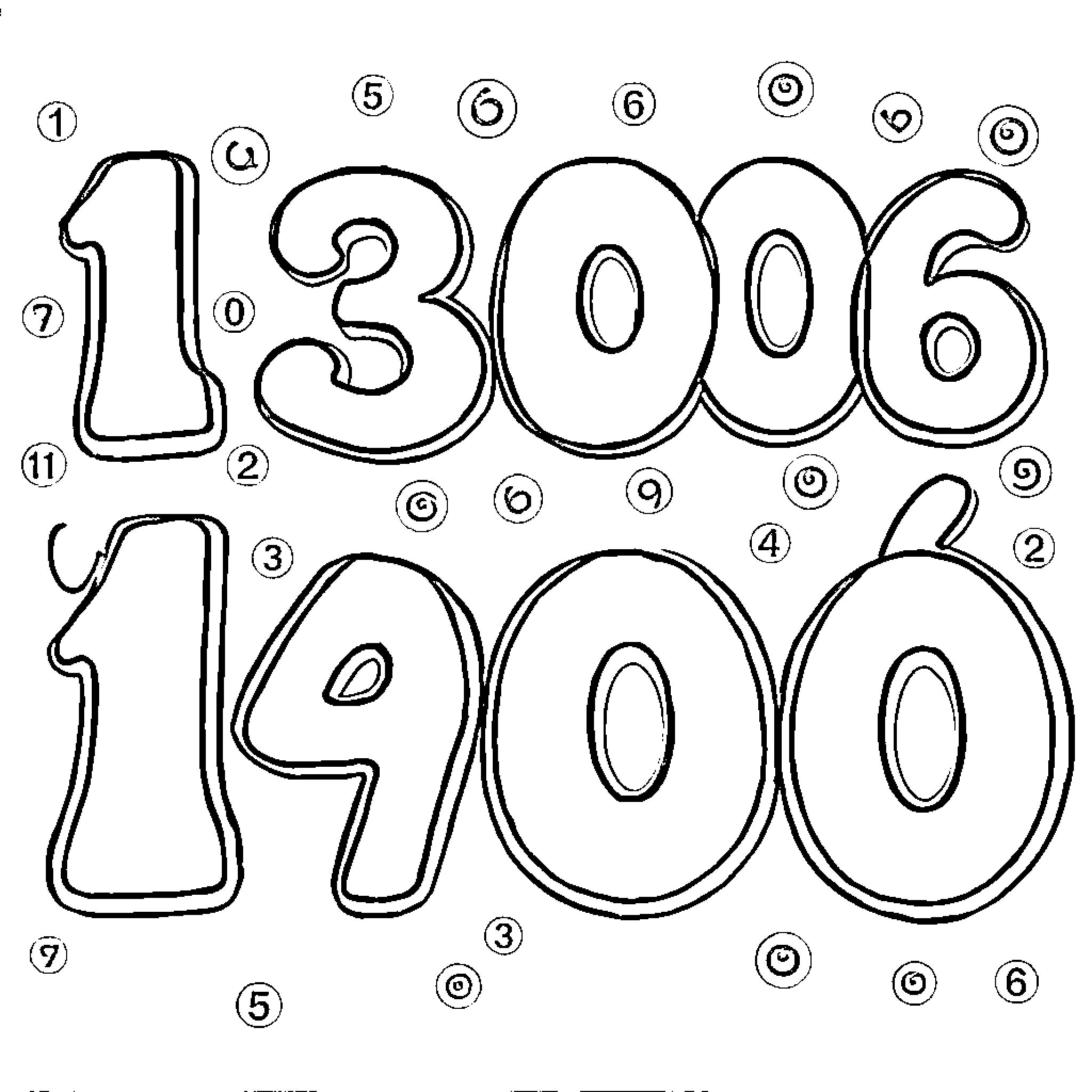 Number: Outline of Numeric Digits Coloring Page (free black-and-white line drawing printable PDF for all, from beginners to advanced learners, including children, teens, adults, and seniors)