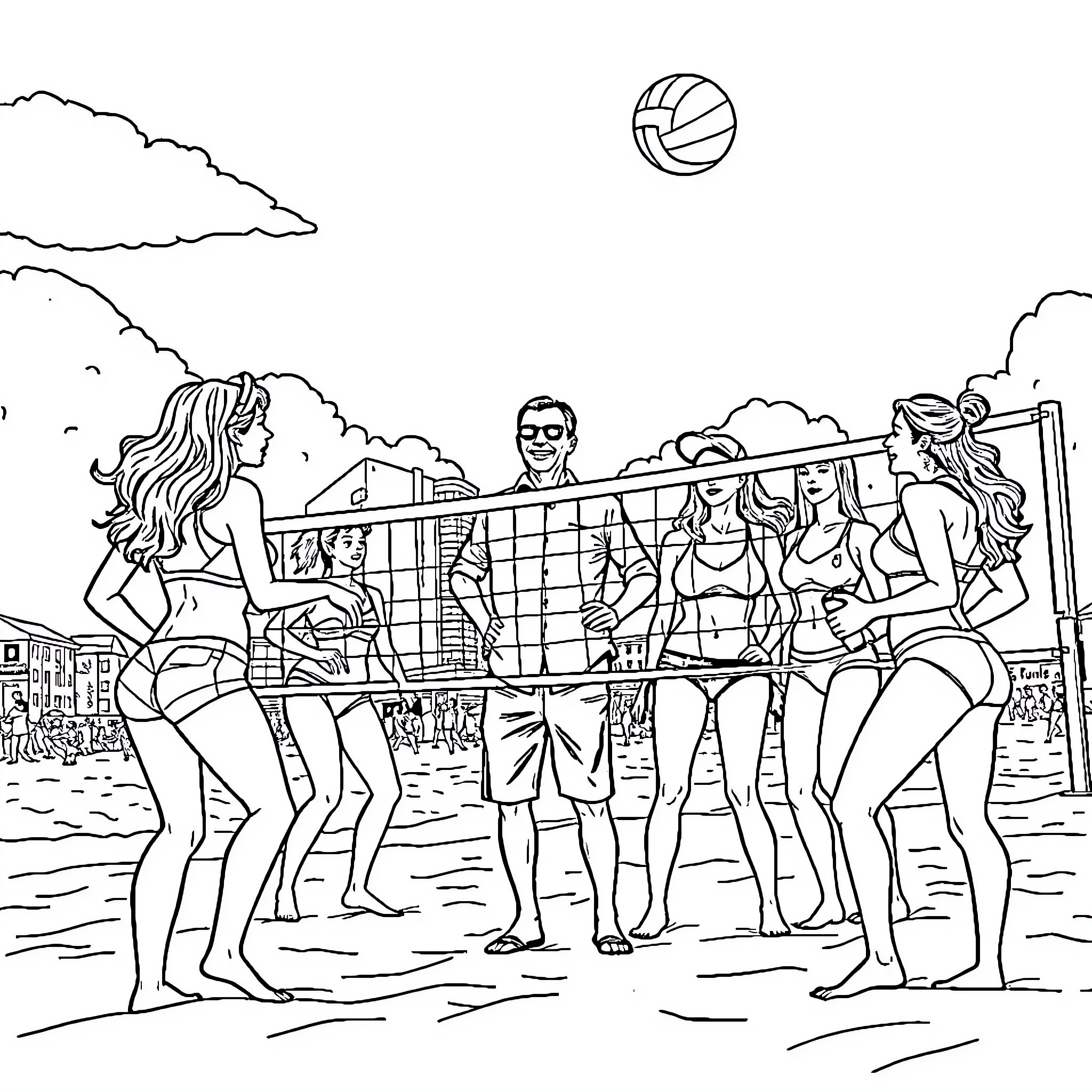 City Manager Volleyball Game with Stylish Players Coloring Page (free black-and-white line drawing printable PDF for all, from beginners to advanced learners, including children, teens, adults, and seniors)