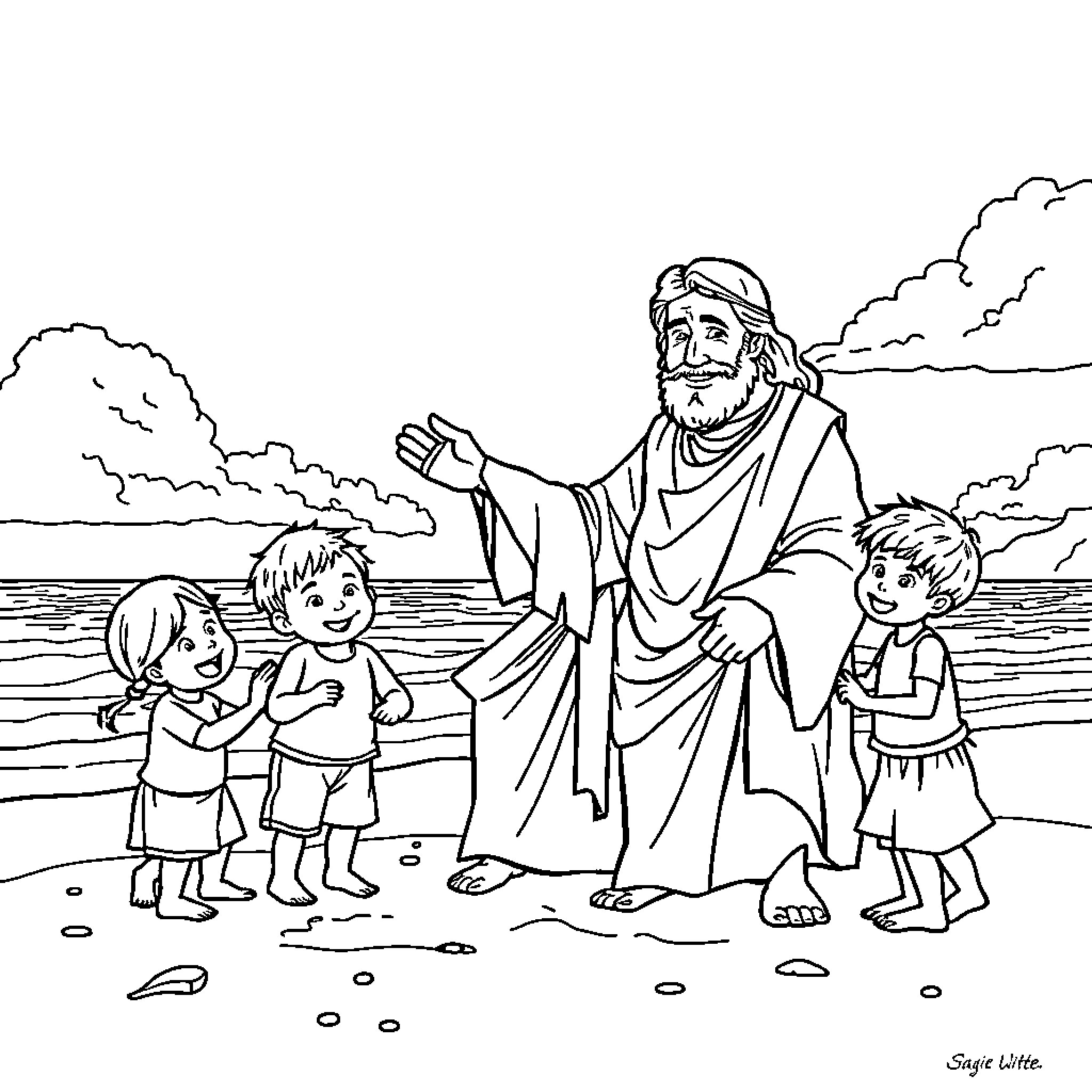 Jesus Blesses the Children by the Sea Coloring Page (free black-and-white line drawing printable PDF for all, from beginners to advanced learners, including children, teens, adults, and seniors)