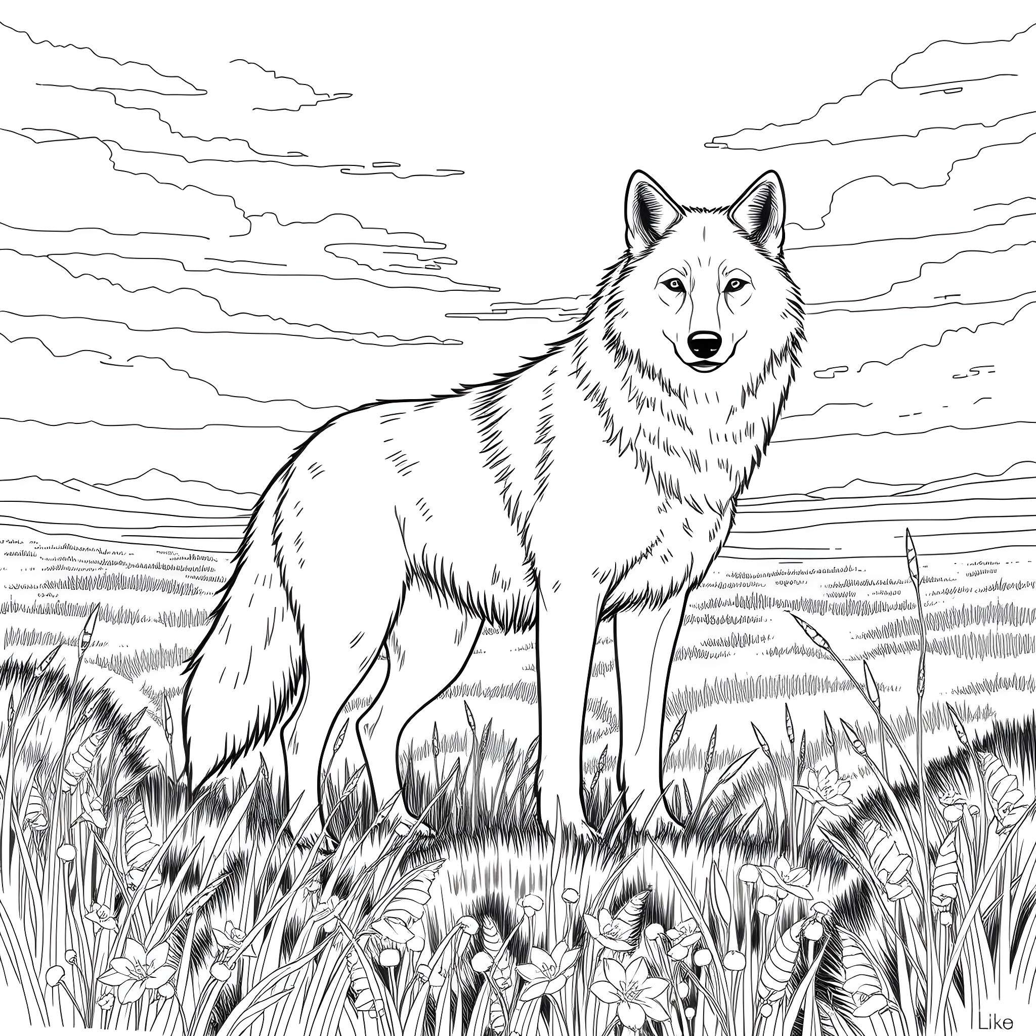 Wolf Standing Proud in the Wilderness Coloring Page (free black-and-white line drawing printable PDF for all, from beginners to advanced learners, including children, teens, adults, and seniors)