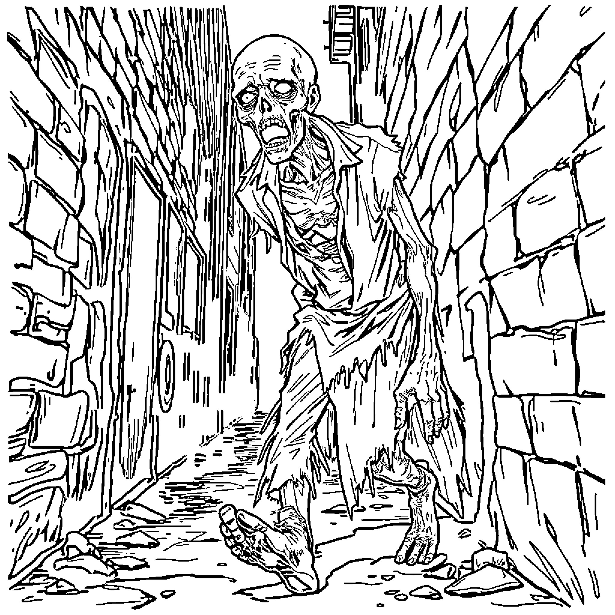 Zombie emerging from the shadows with a terrifying expression Coloring Page (free black-and-white line drawing printable PDF for all, from beginners to advanced learners, including children, teens, adults, and seniors)