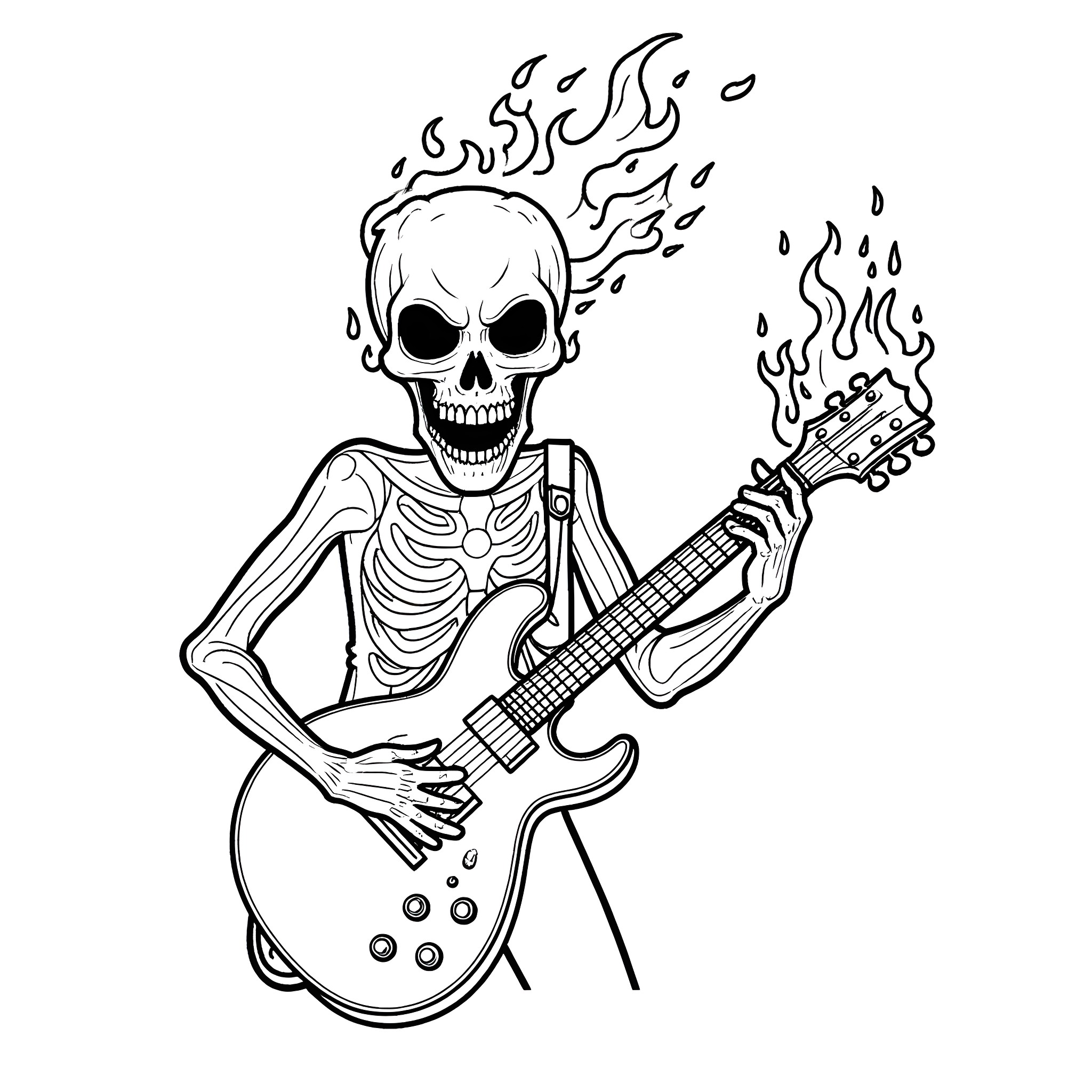 Ghost Rider playing electric guitar with fiery skull Coloring Page (free black-and-white line drawing printable PDF for all, from beginners to advanced learners, including children, teens, adults, and seniors)