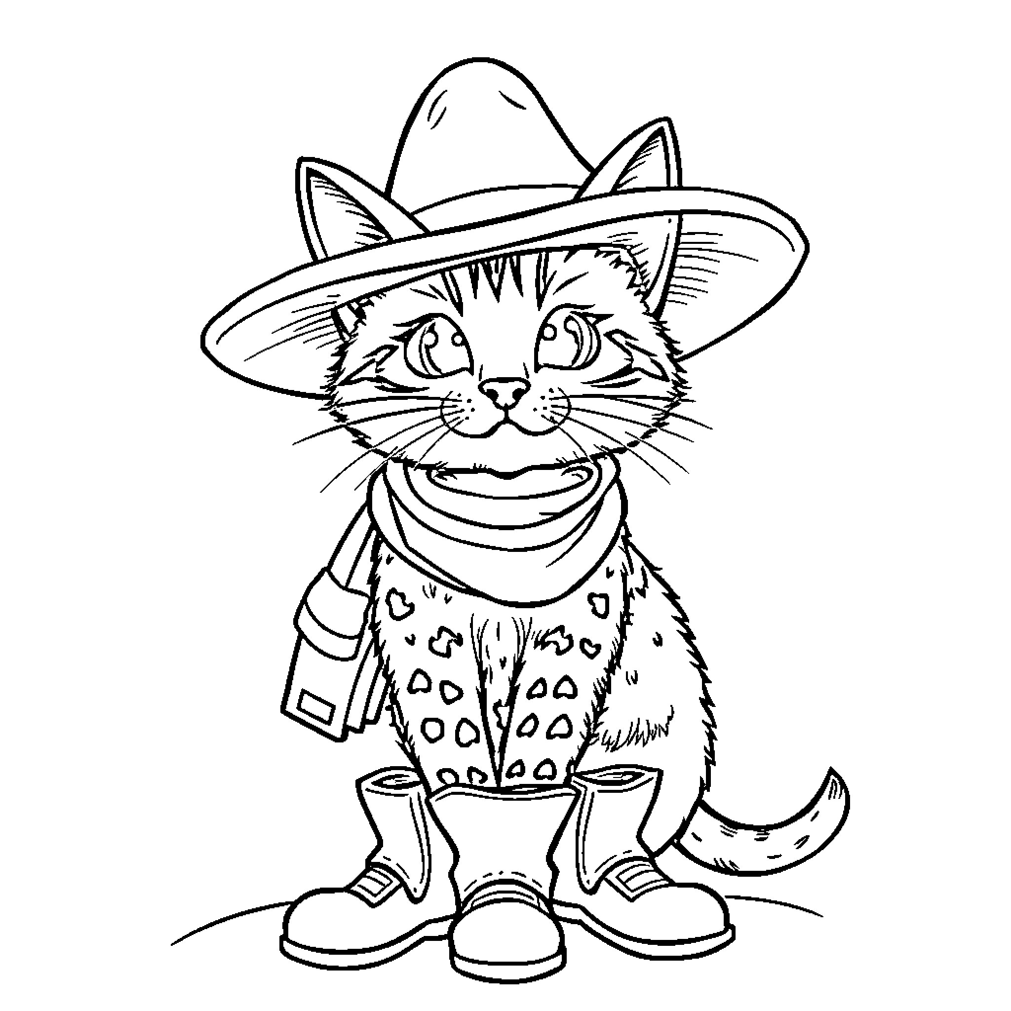 Boots Cat in Western Outfit Coloring Page (free black-and-white line drawing printable PDF for all, from beginners to advanced learners, including children, teens, adults, and seniors)