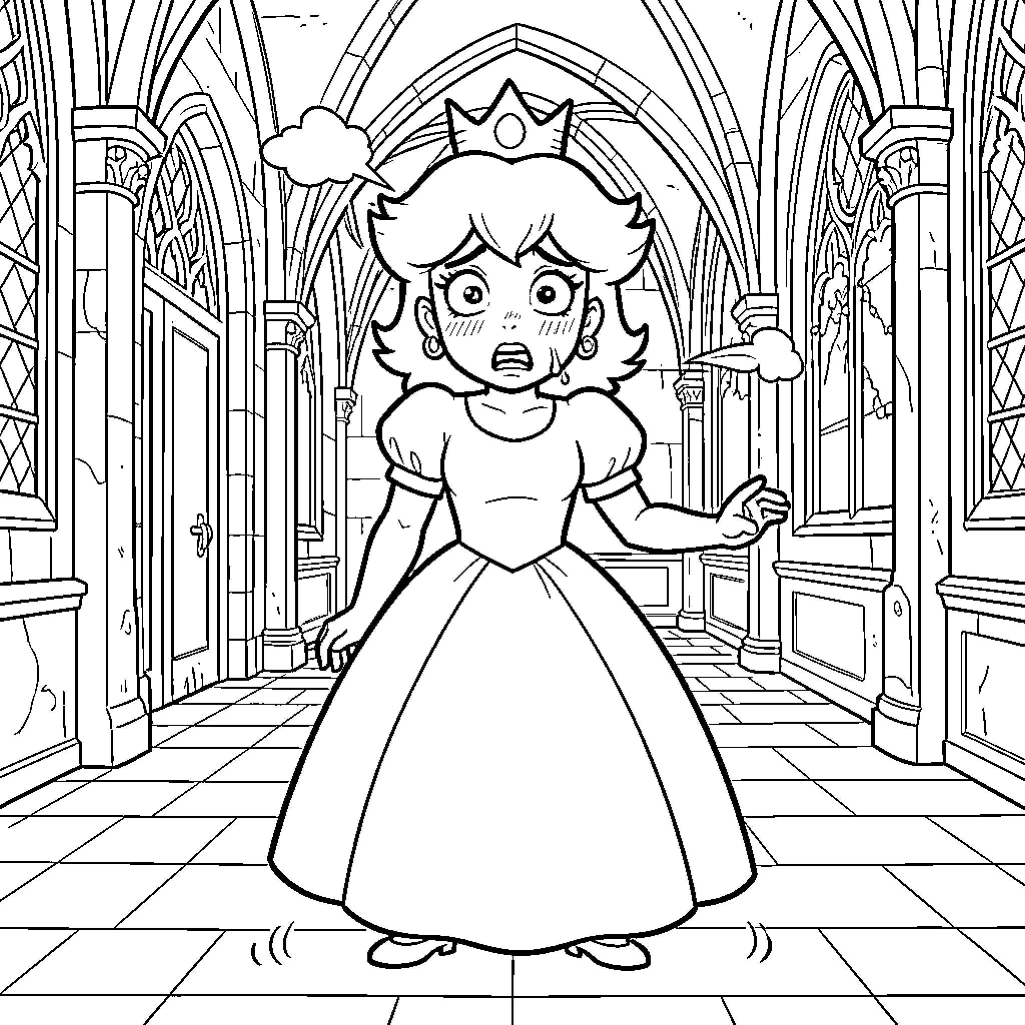 Princess Peach looking surprised and startled in a castle hallway Coloring Page (free black-and-white line drawing printable PDF for all, from beginners to advanced learners, including children, teens, adults, and seniors)