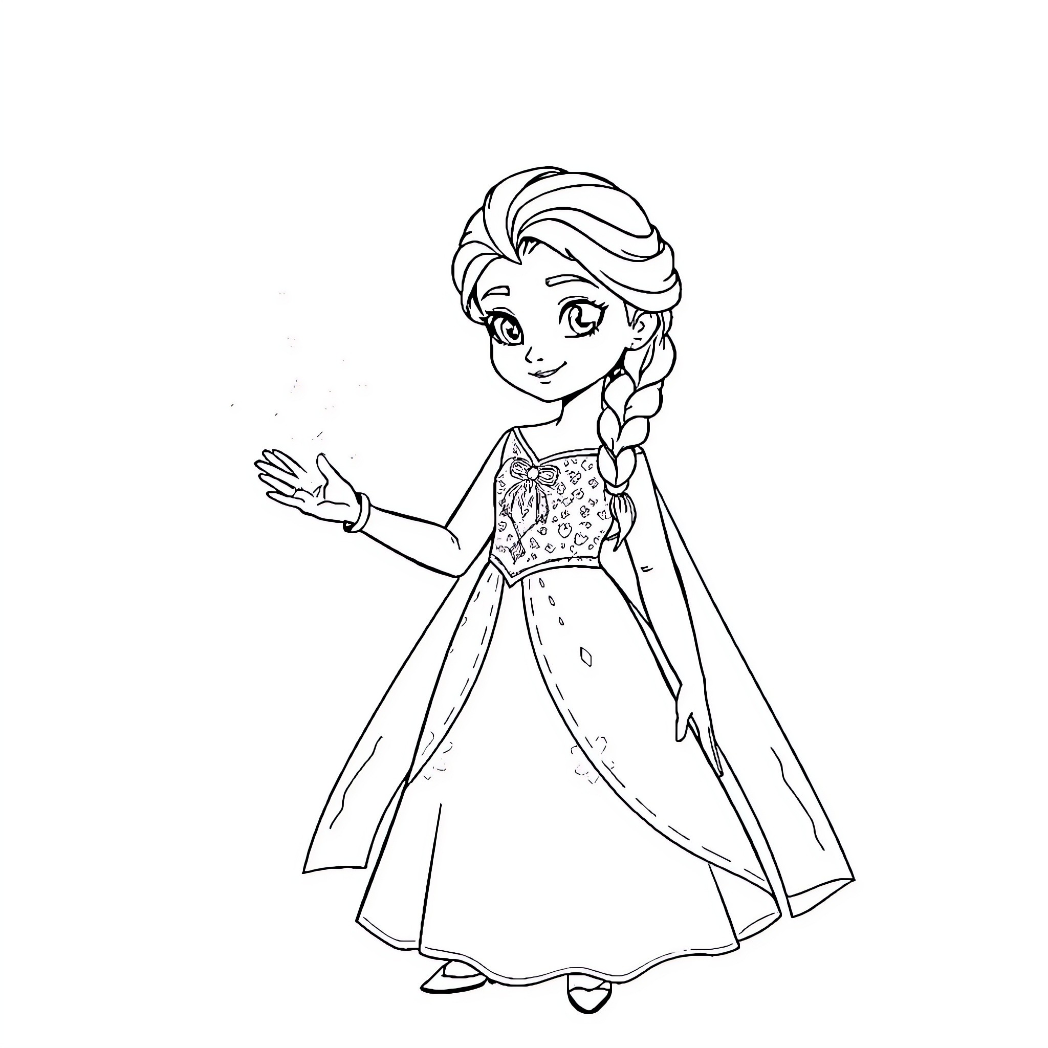 Girl in a Fancy Dress Posing Happily Coloring Page (free black-and-white line drawing printable PDF for all, from beginners to advanced learners, including children, teens, adults, and seniors)