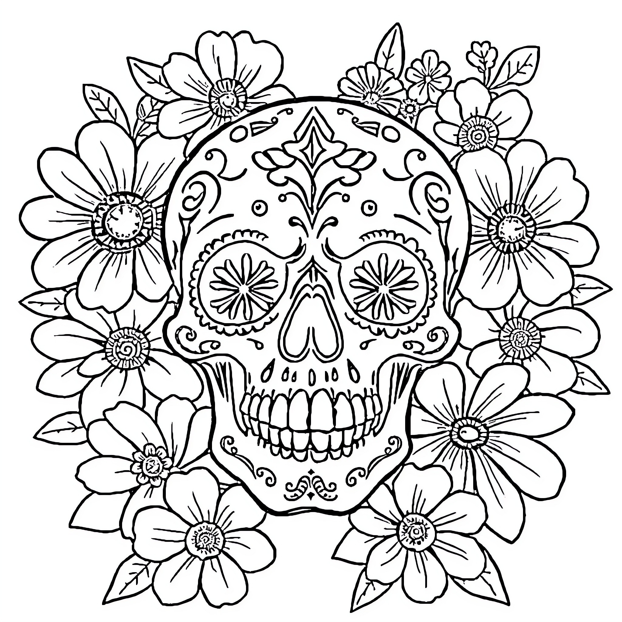 Skull adorned with floral patterns and symmetry Coloring Page (free black-and-white line drawing printable PDF for all, from beginners to advanced learners, including children, teens, adults, and seniors)