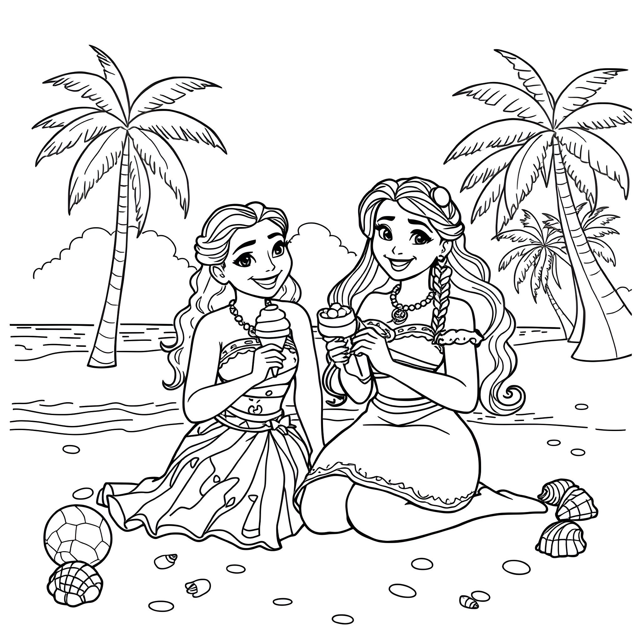Character Princesses Enjoying Beach Scenery Coloring Page (free black-and-white line drawing printable PDF for all, from beginners to advanced learners, including children, teens, adults, and seniors)