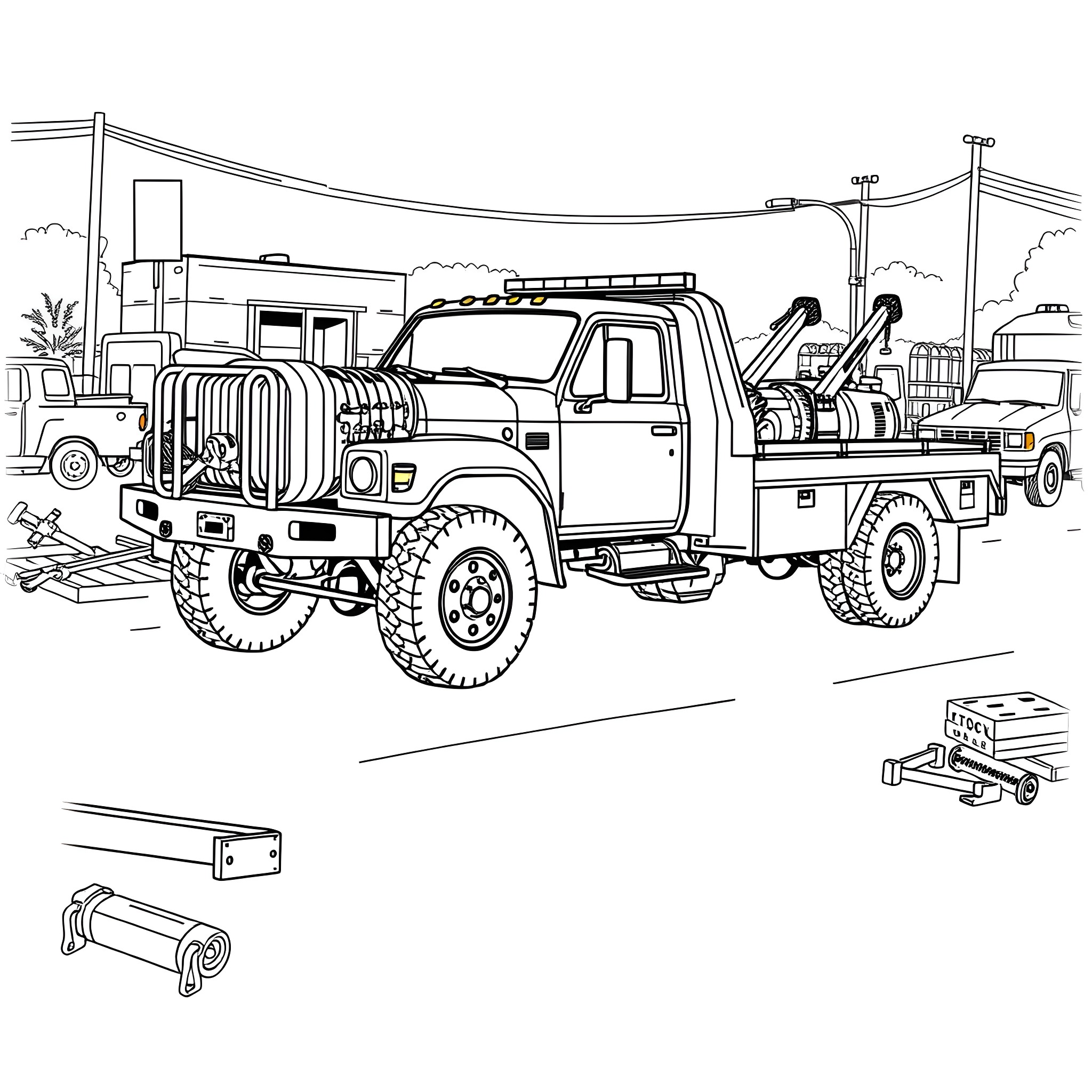 Wrecker truck on the job in urban setting Coloring Page (free black-and-white line drawing printable PDF for all, from beginners to advanced learners, including children, teens, adults, and seniors)