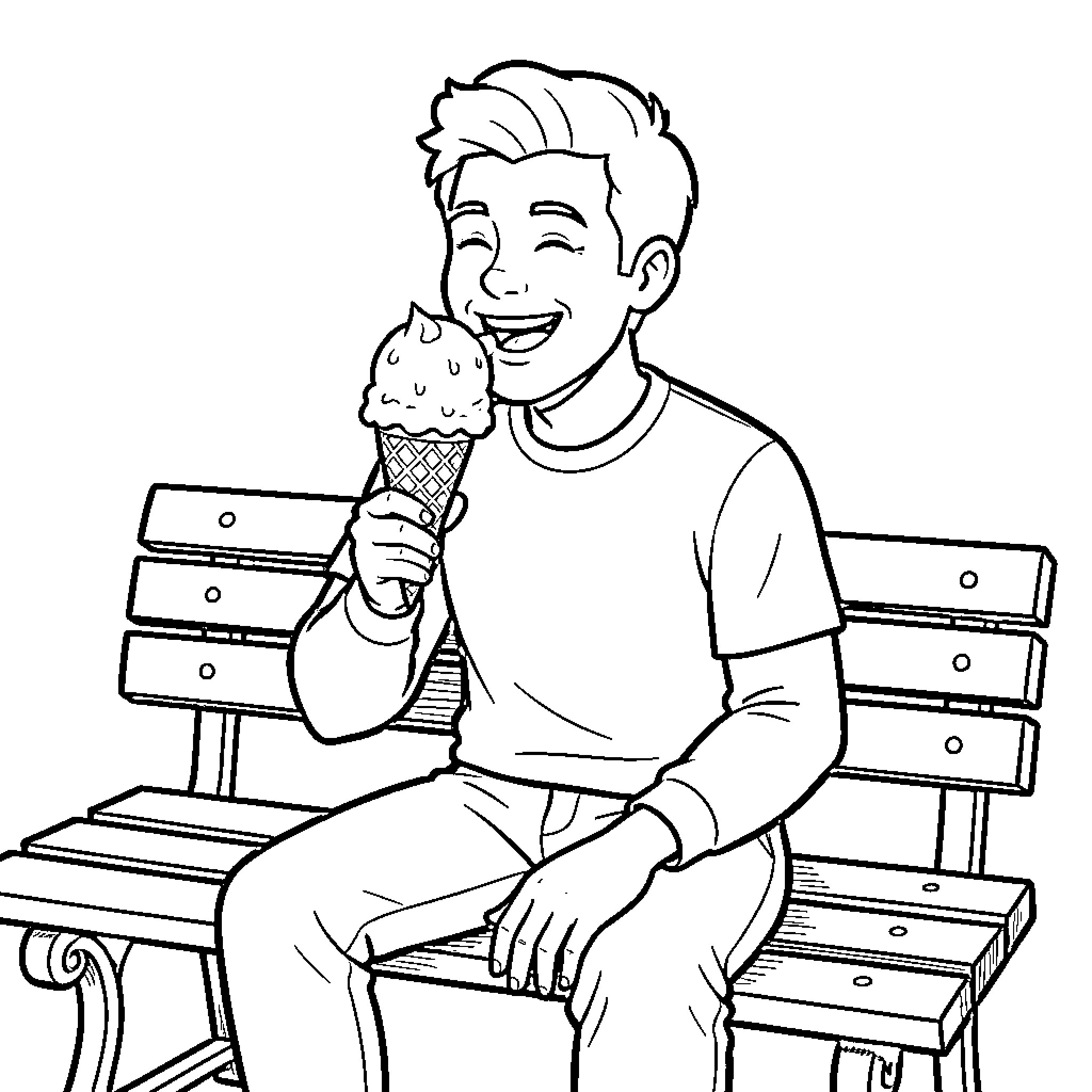 Man enjoying an ice cream cone on a park bench Coloring Page (free black-and-white line drawing printable PDF for all, from beginners to advanced learners, including children, teens, adults, and seniors)