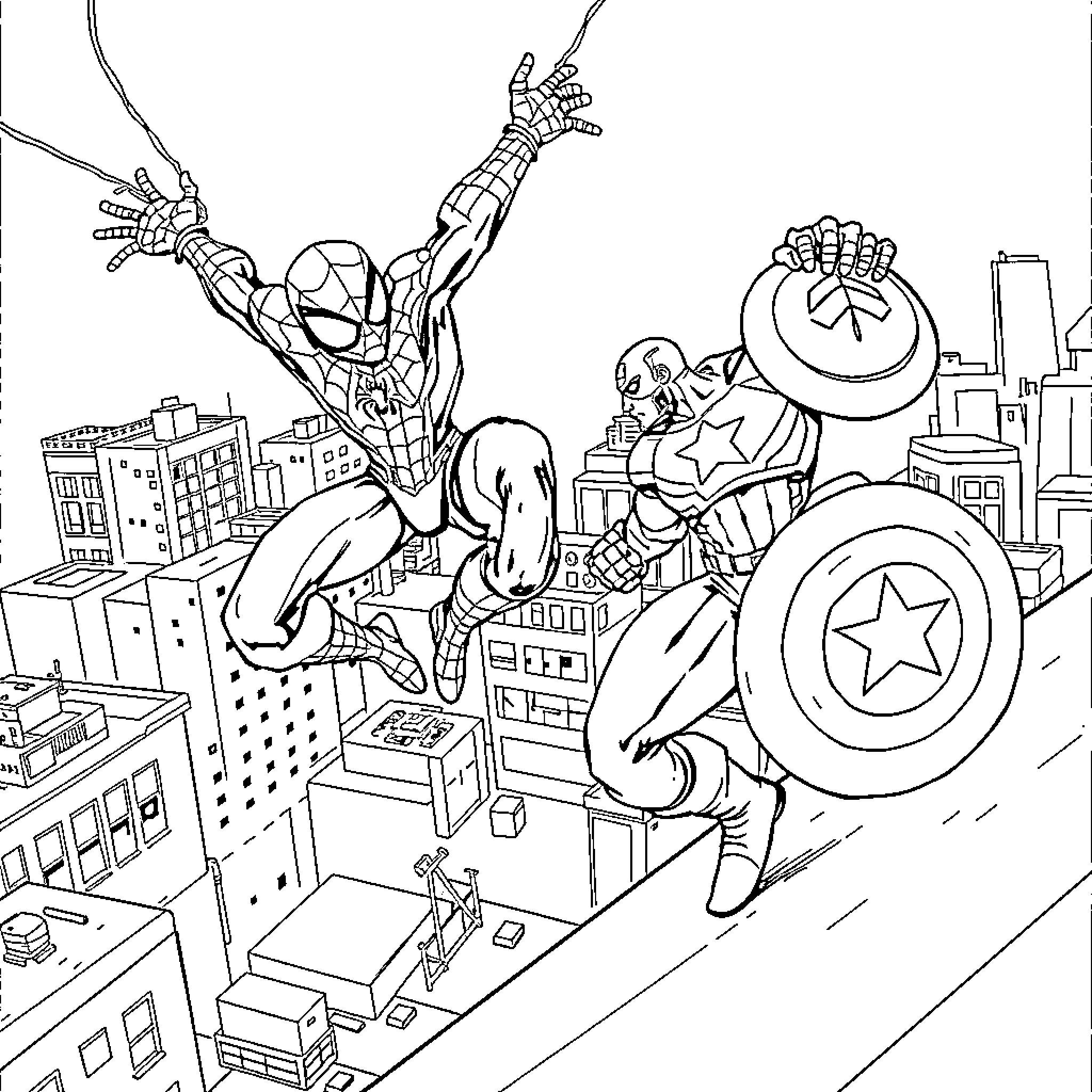 Spider-Man swings into action with Marvel heroes Coloring Page (free black-and-white line drawing printable PDF for all, from beginners to advanced learners, including children, teens, adults, and seniors)