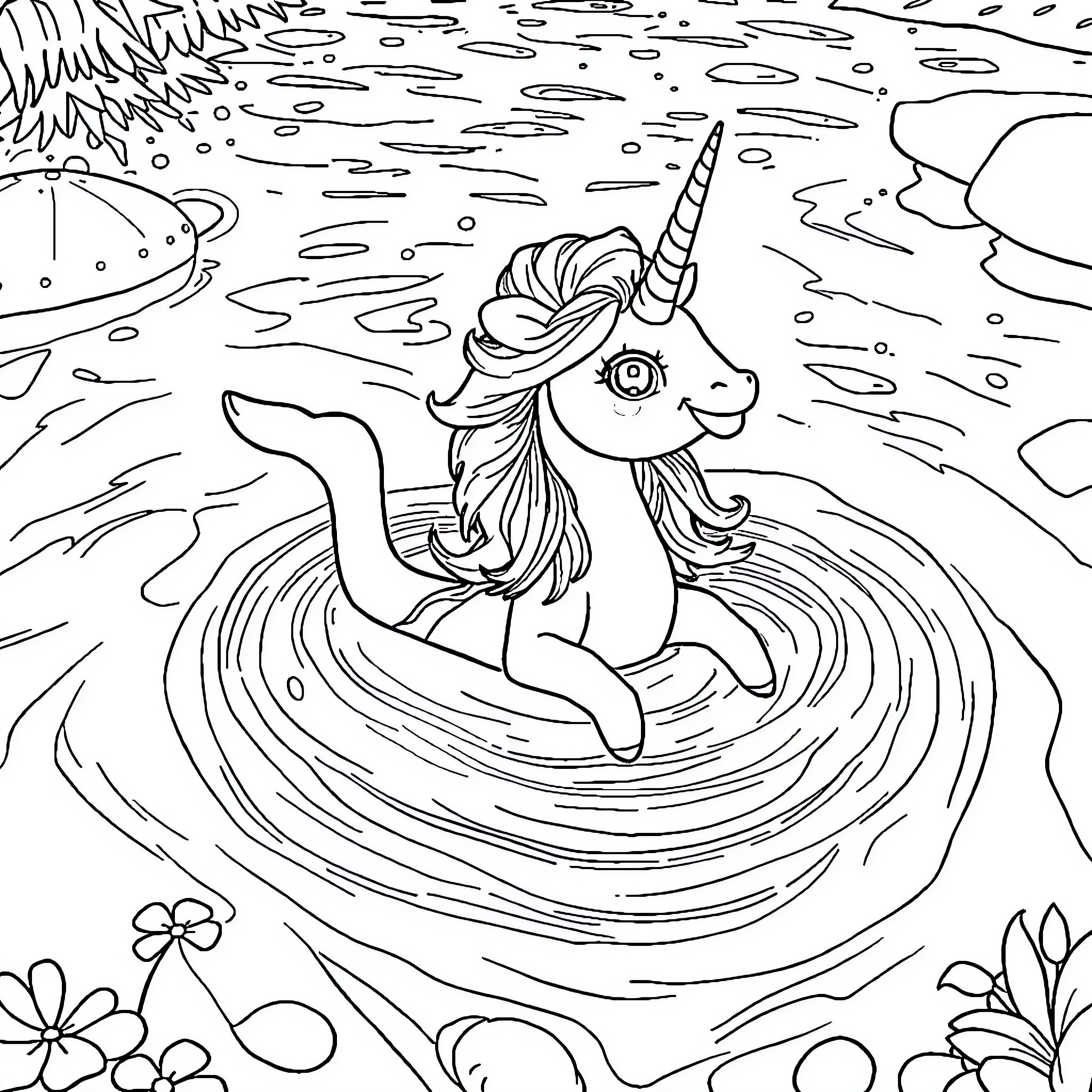 Unicorn swimming joyfully in magical pond Coloring Page (free black-and-white line drawing printable PDF for all, from beginners to advanced learners, including children, teens, adults, and seniors)