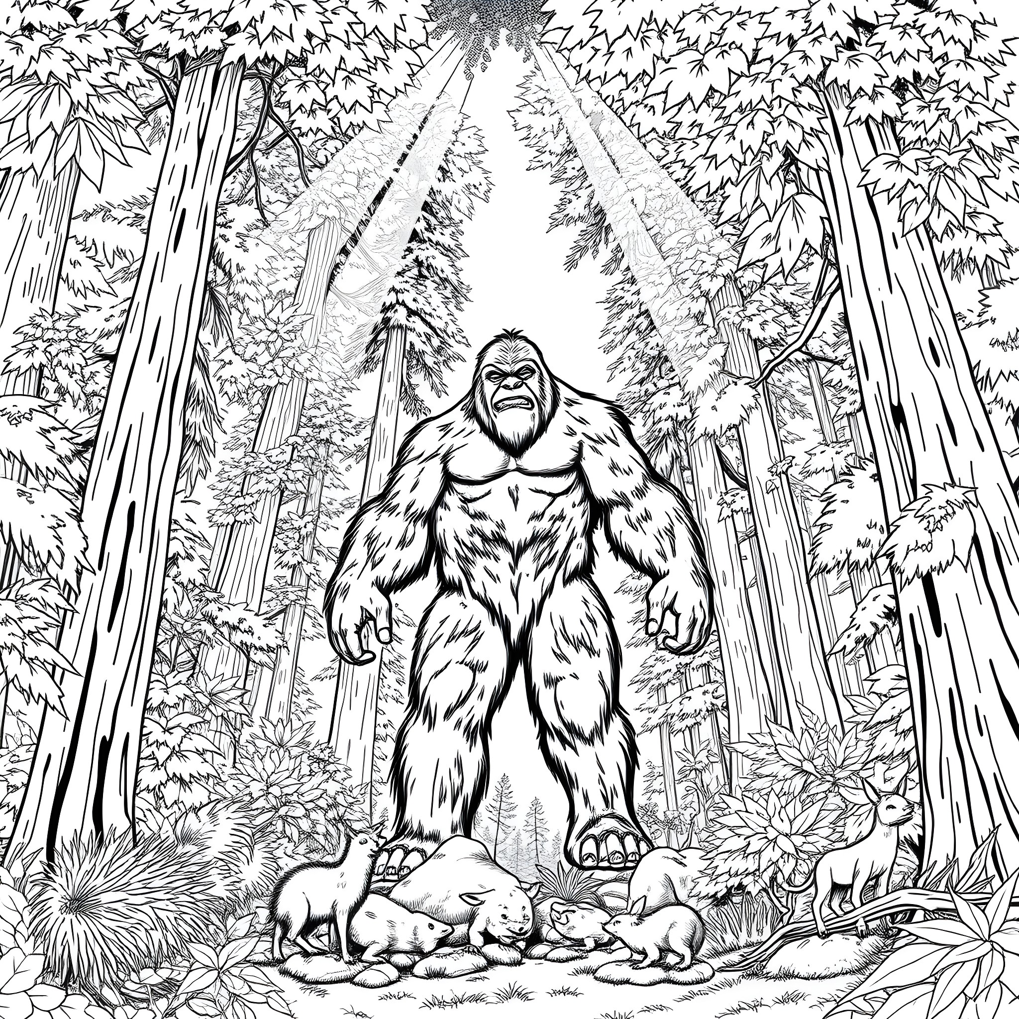 Bigfoot towering over forest animals in wilderness Coloring Page (free black-and-white line drawing printable PDF for all, from beginners to advanced learners, including children, teens, adults, and seniors)