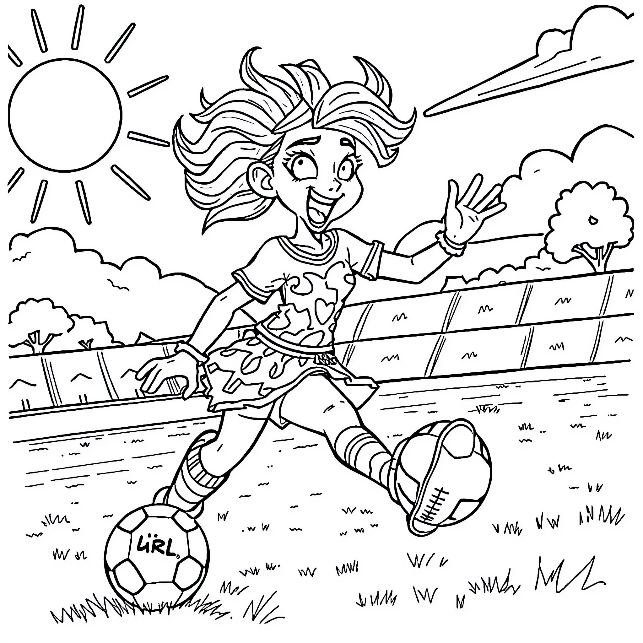 Jinx having fun playing soccer in the park Coloring Page (free black-and-white line drawing printable PDF for all, from beginners to advanced learners, including children, teens, adults, and seniors)