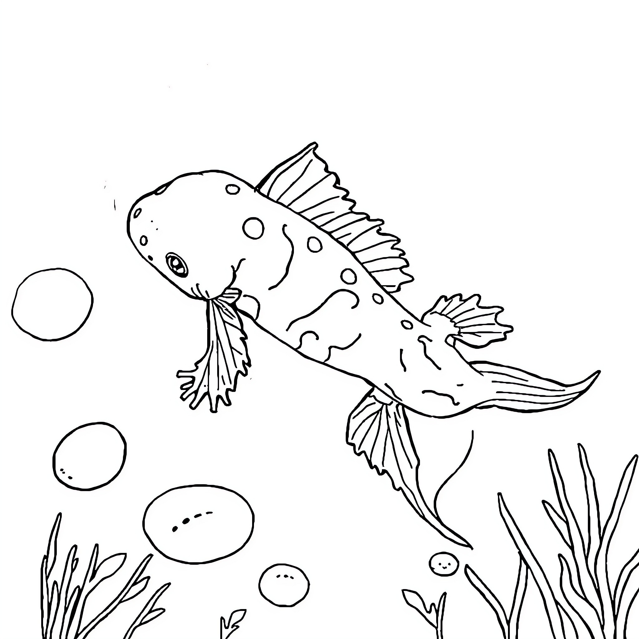 Axolotl exploring the underwater world Coloring Page (free black-and-white line drawing printable PDF for all, from beginners to advanced learners, including children, teens, adults, and seniors)