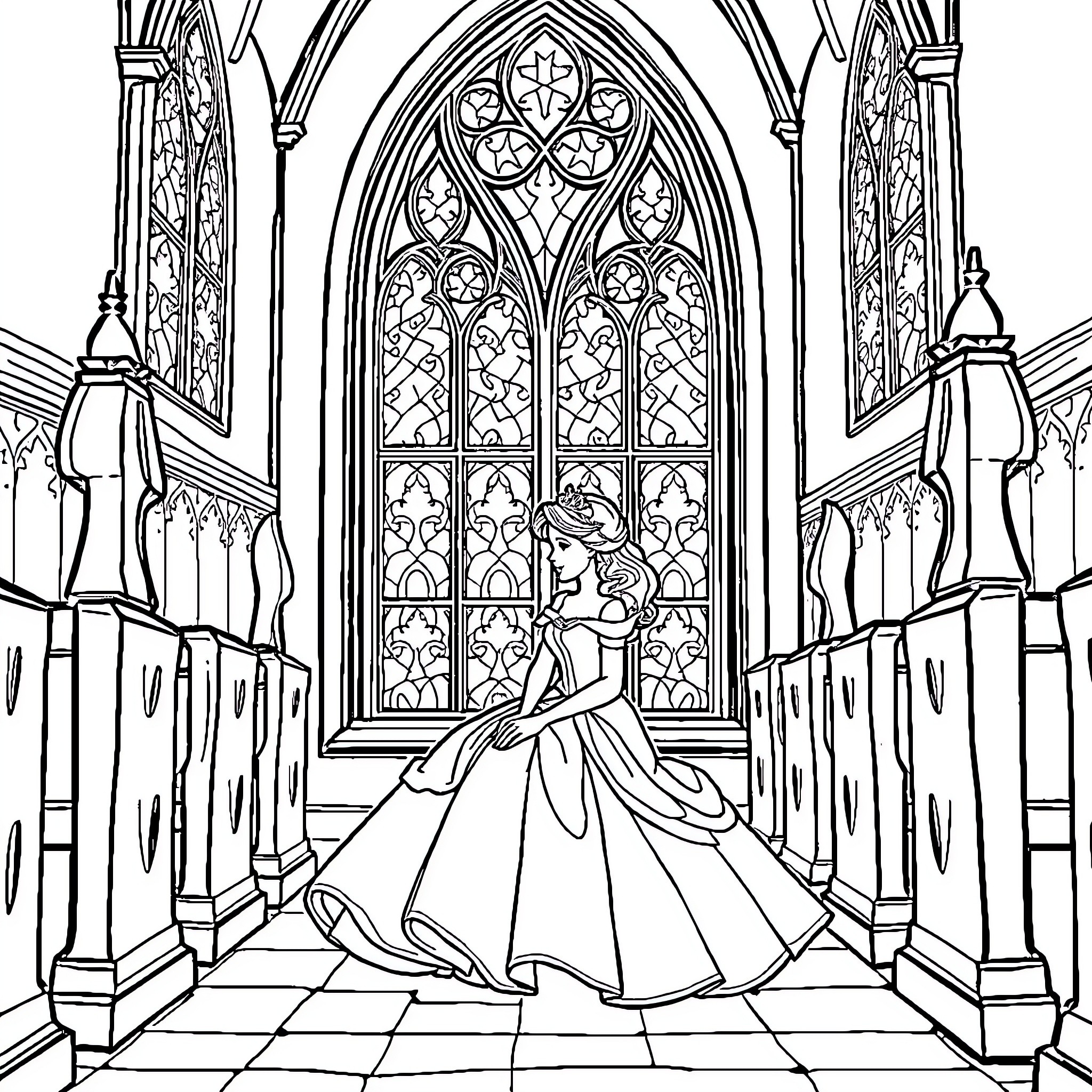 Disney Princess in a Regal Castle Setting Coloring Page (free black-and-white line drawing printable PDF for all, from beginners to advanced learners, including children, teens, adults, and seniors)