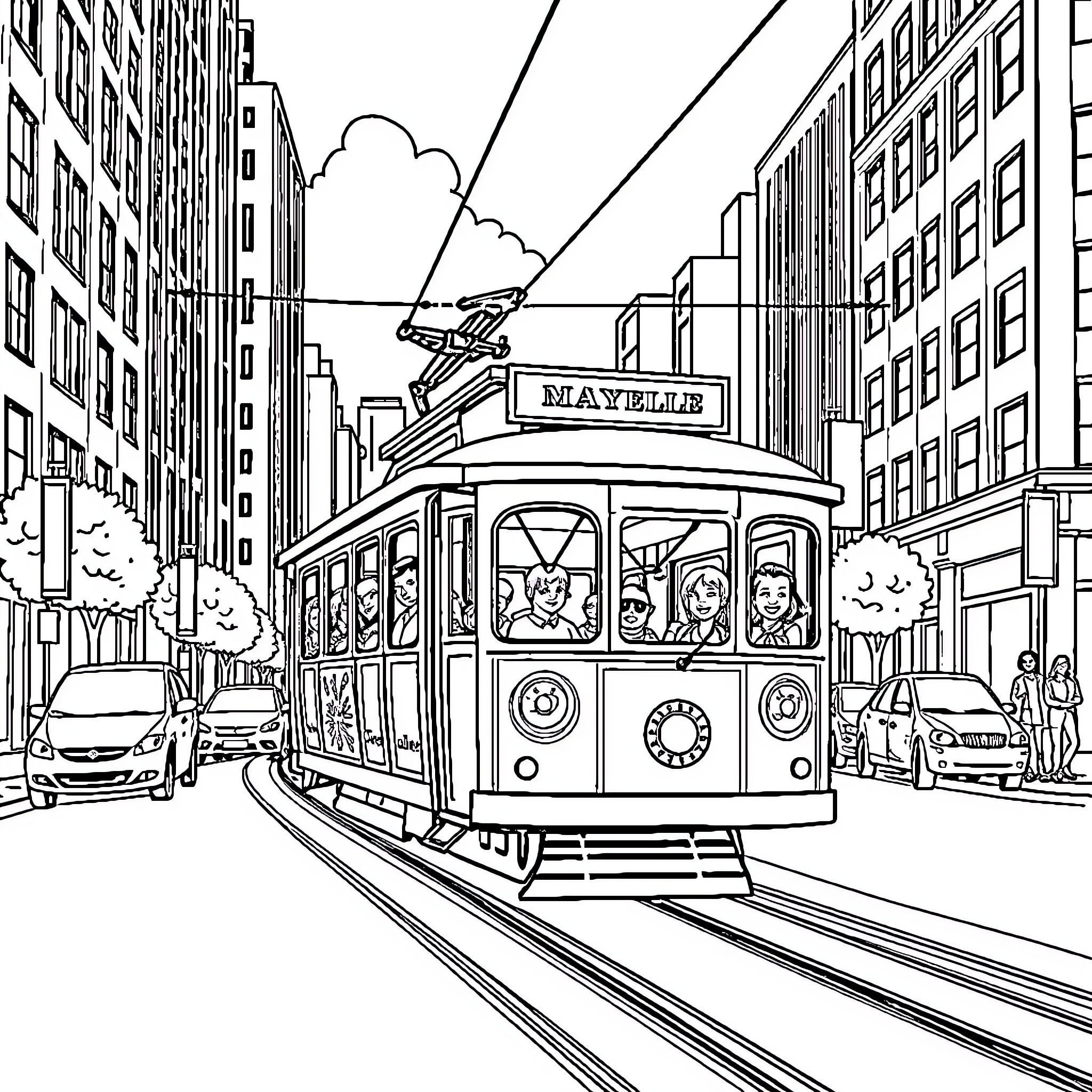 Cable Car Riding Through a Bustling City Scene Coloring Page (free black-and-white line drawing printable PDF for all, from beginners to advanced learners, including children, teens, adults, and seniors)