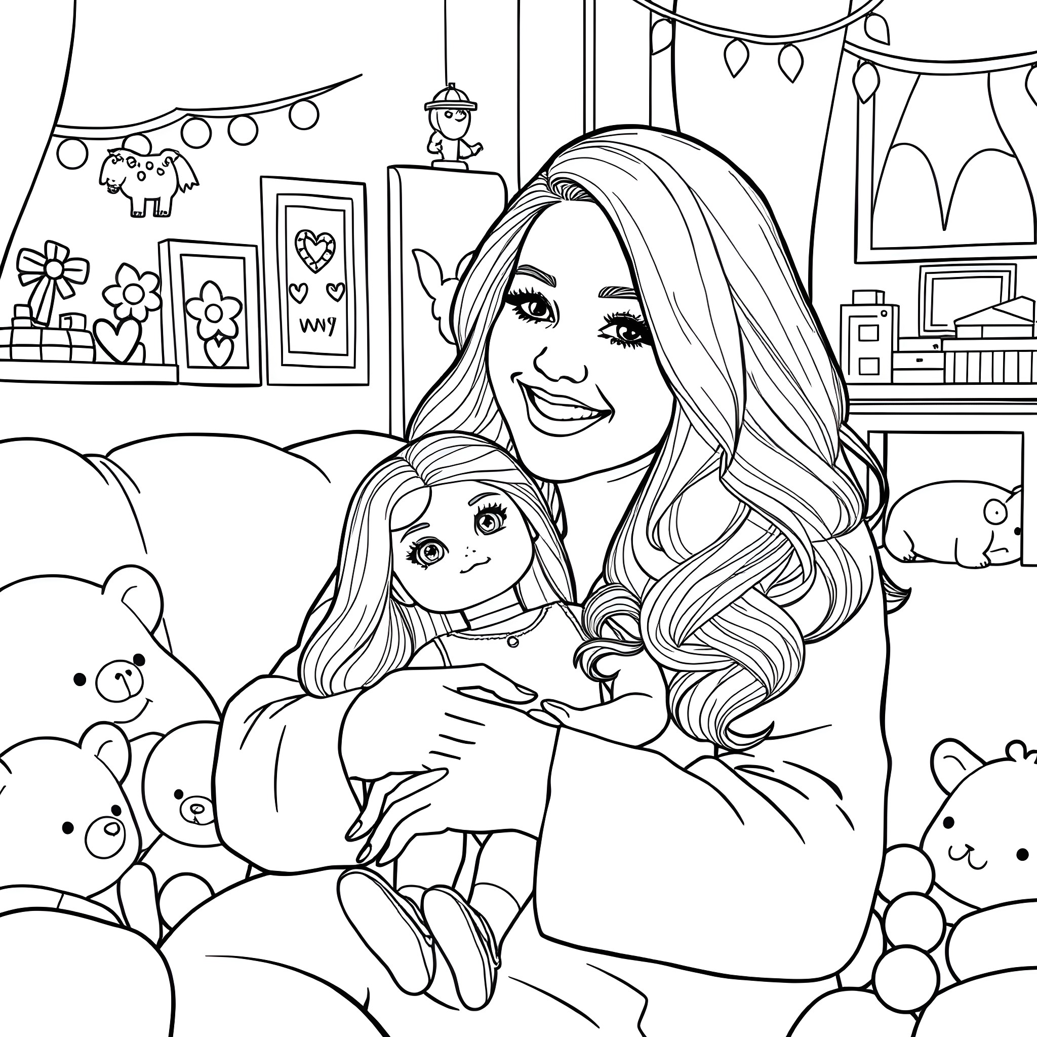 Meghan Trainor enjoying time with her daughter Coloring Page (free black-and-white line drawing printable PDF for all, from beginners to advanced learners, including children, teens, adults, and seniors)