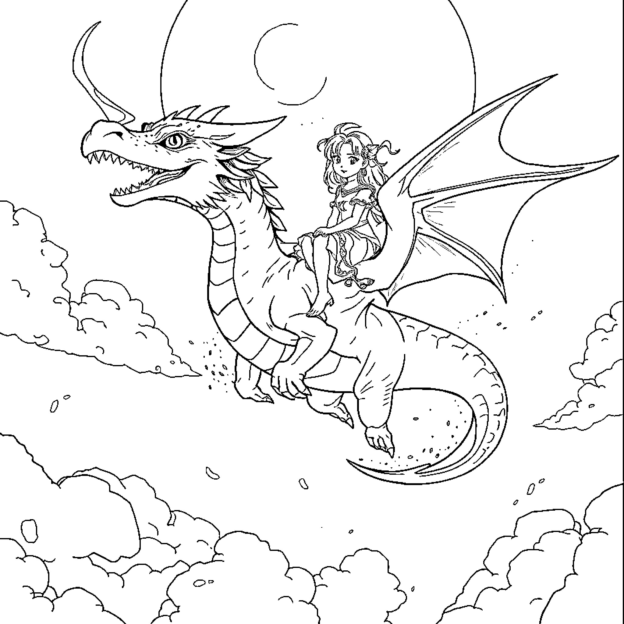 Dragon soaring with girl rider in the sky Coloring Page (free black-and-white line drawing printable PDF for all, from beginners to advanced learners, including children, teens, adults, and seniors)