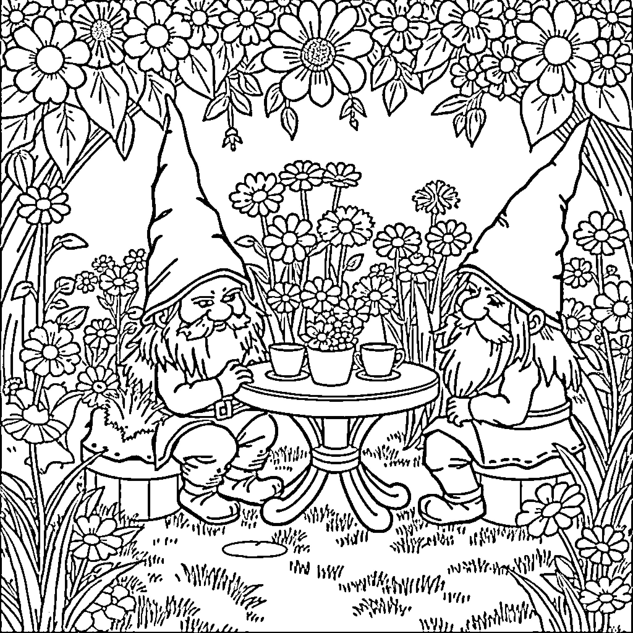 Gnome friends enjoying tea time in a floral garden Coloring Page (free black-and-white line drawing printable PDF for all, from beginners to advanced learners, including children, teens, adults, and seniors)
