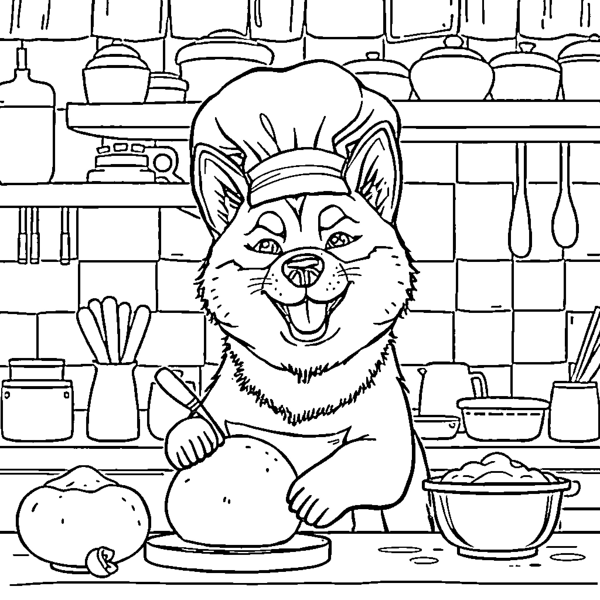 Shiba Inu Chef Happily Cooking in Kitchen Coloring Page (free black-and-white line drawing printable PDF for all, from beginners to advanced learners, including children, teens, adults, and seniors)