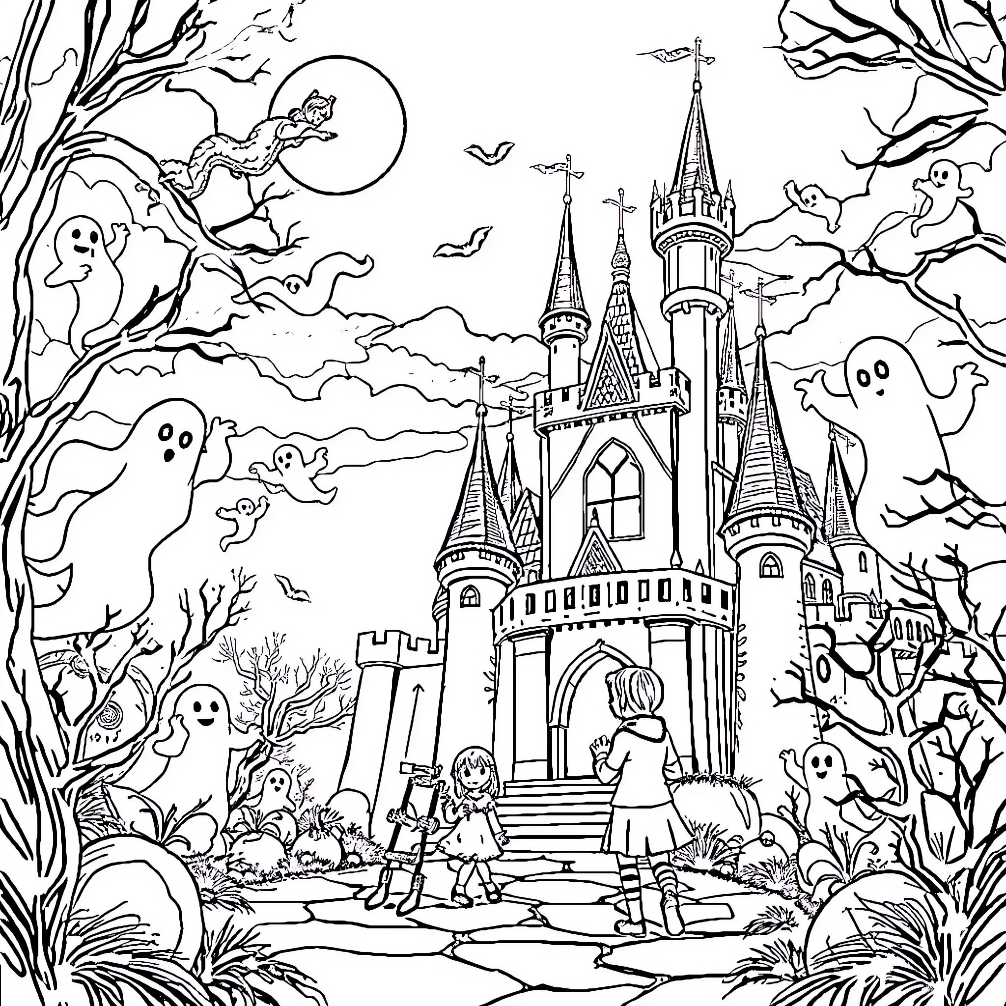 Castle of Ghosts and Spooky Creatures Coloring Page (free black-and-white line drawing printable PDF for all, from beginners to advanced learners, including children, teens, adults, and seniors)