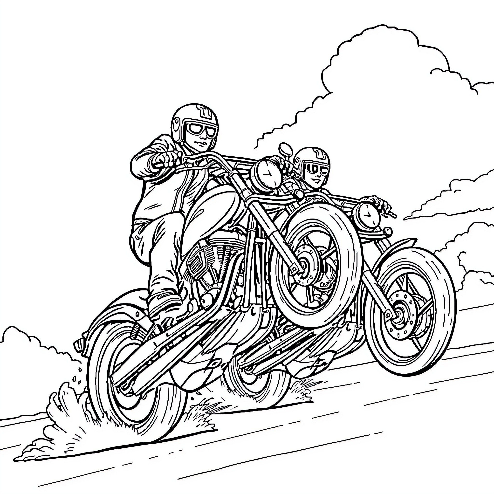 Harley Davidson riders speeding on a motorcycle Coloring Page (free black-and-white line drawing printable PDF for all, from beginners to advanced learners, including children, teens, adults, and seniors)