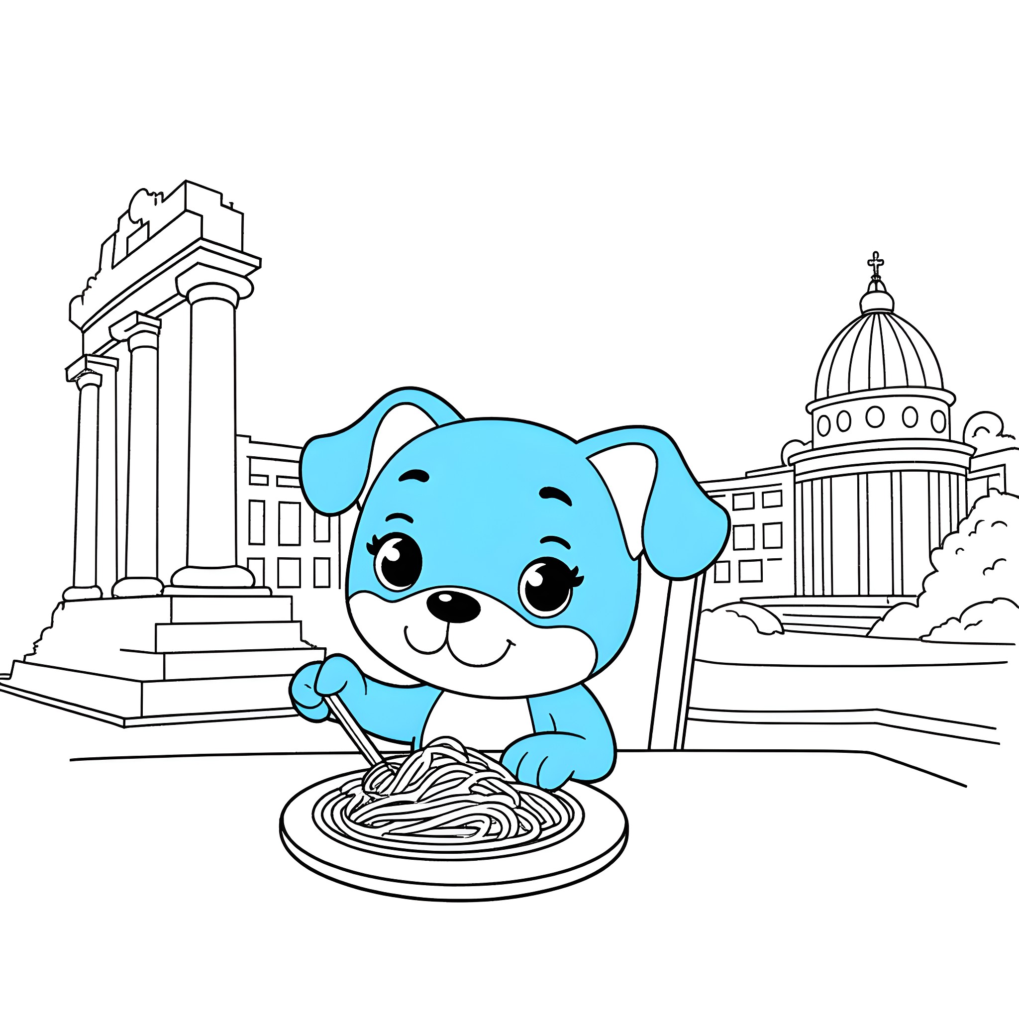 Bluey enjoys a spaghetti meal in the city Coloring Page (free black-and-white line drawing printable PDF for all, from beginners to advanced learners, including children, teens, adults, and seniors)