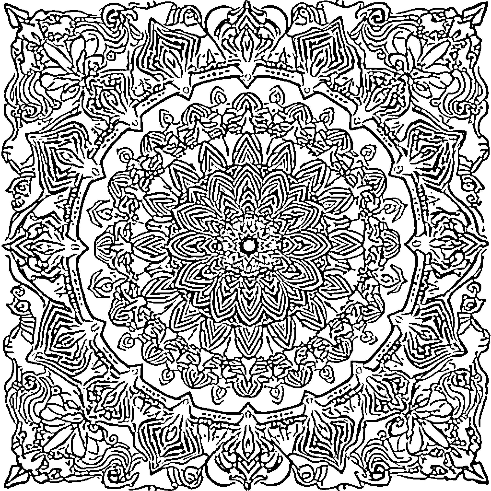 Carpet of intricate floral patterns Coloring Page (free black-and-white line drawing printable PDF for all, from beginners to advanced learners, including children, teens, adults, and seniors)