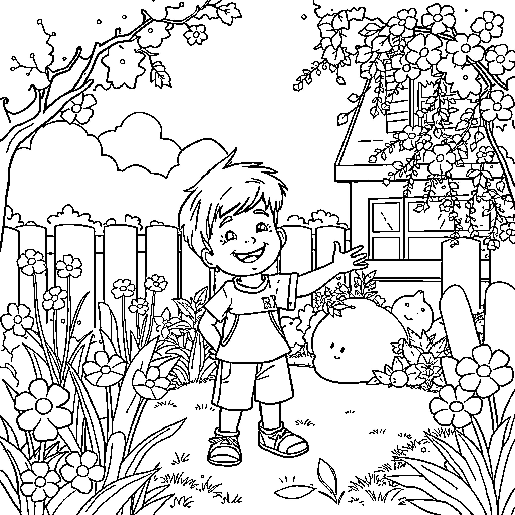 Enfant exploring the vibrant garden Coloring Page (free black-and-white line drawing printable PDF for all, from beginners to advanced learners, including children, teens, adults, and seniors)