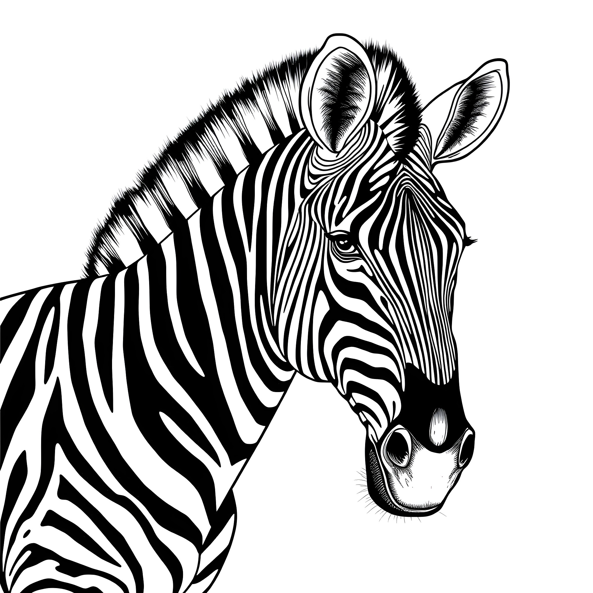 Zebra gazing intently in black and white Coloring Page (free black-and-white line drawing printable PDF for all, from beginners to advanced learners, including children, teens, adults, and seniors)
