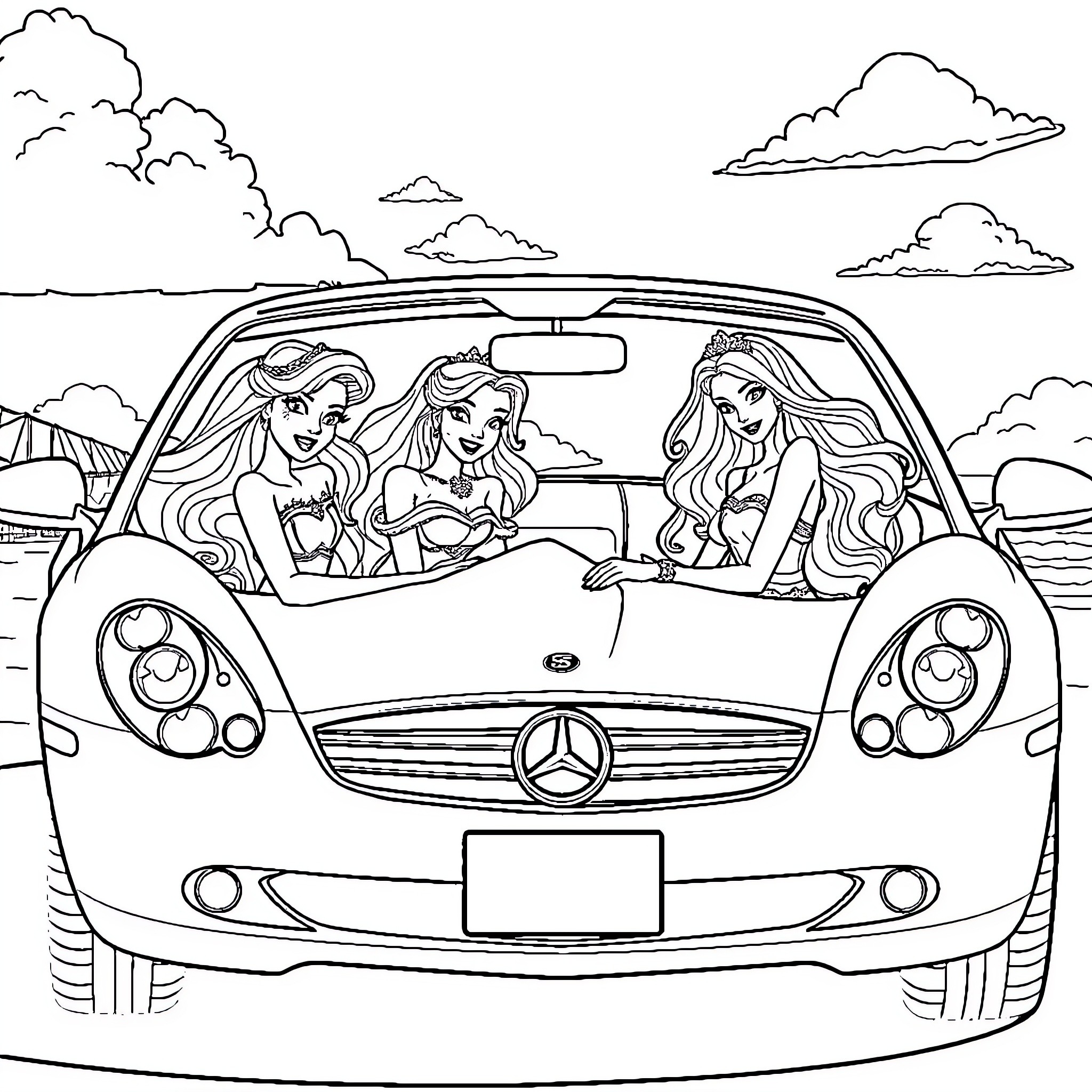 Princess friends ride together in a luxury car Coloring Page (free black-and-white line drawing printable PDF for all, from beginners to advanced learners, including children, teens, adults, and seniors)