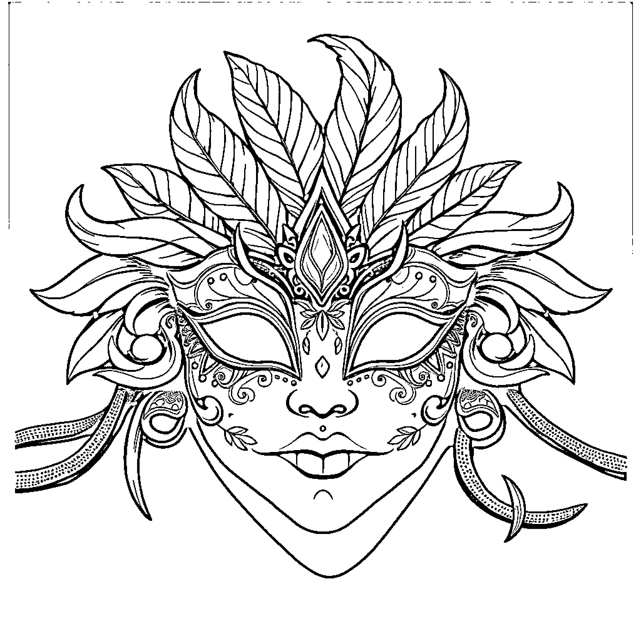 Masque of Ornate Theatrical Attire Coloring Page (free black-and-white line drawing printable PDF for all, from beginners to advanced learners, including children, teens, adults, and seniors)