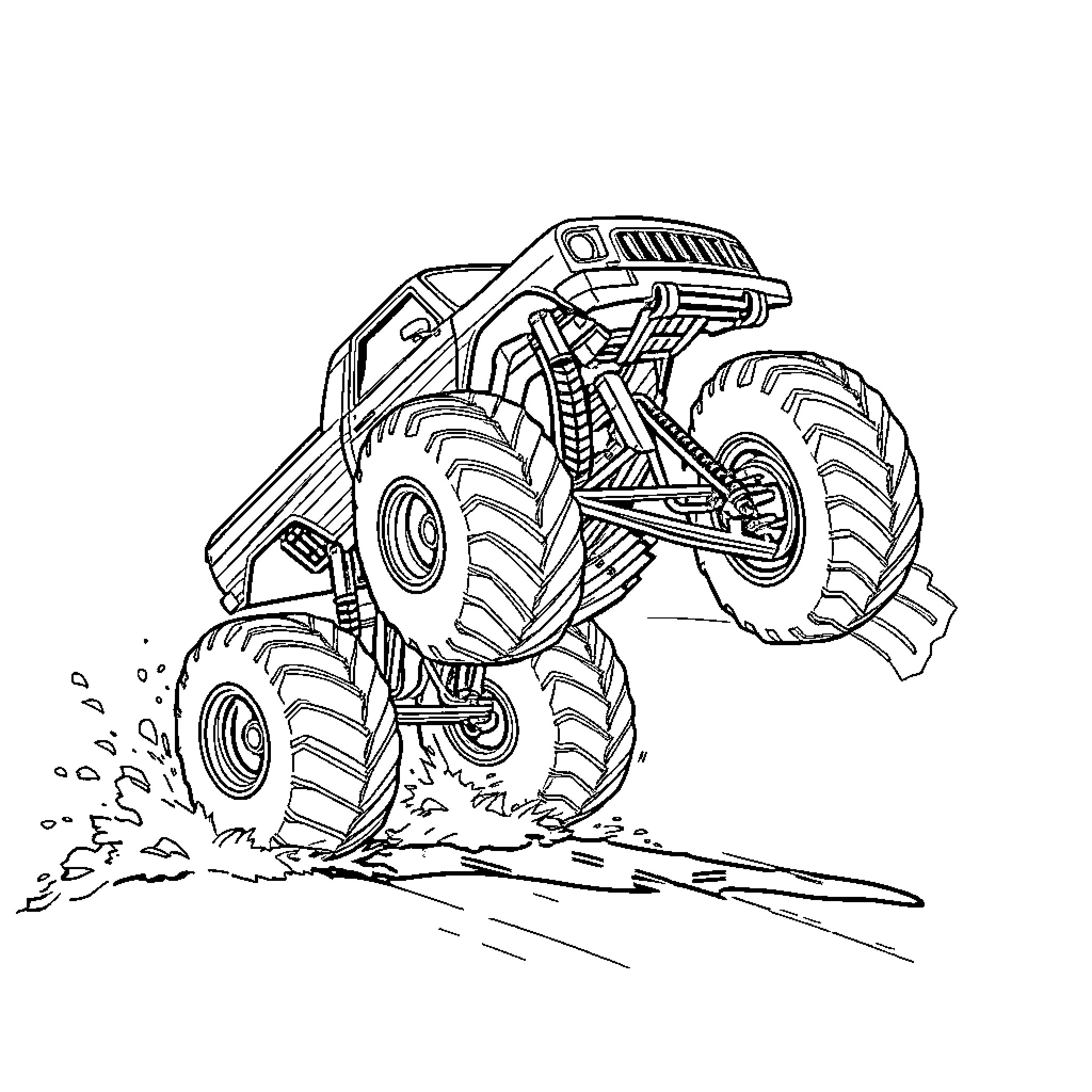 Gravedigger's monstrous vehicle traversing rugged terrain Coloring Page (free black-and-white line drawing printable PDF for all, from beginners to advanced learners, including children, teens, adults, and seniors)