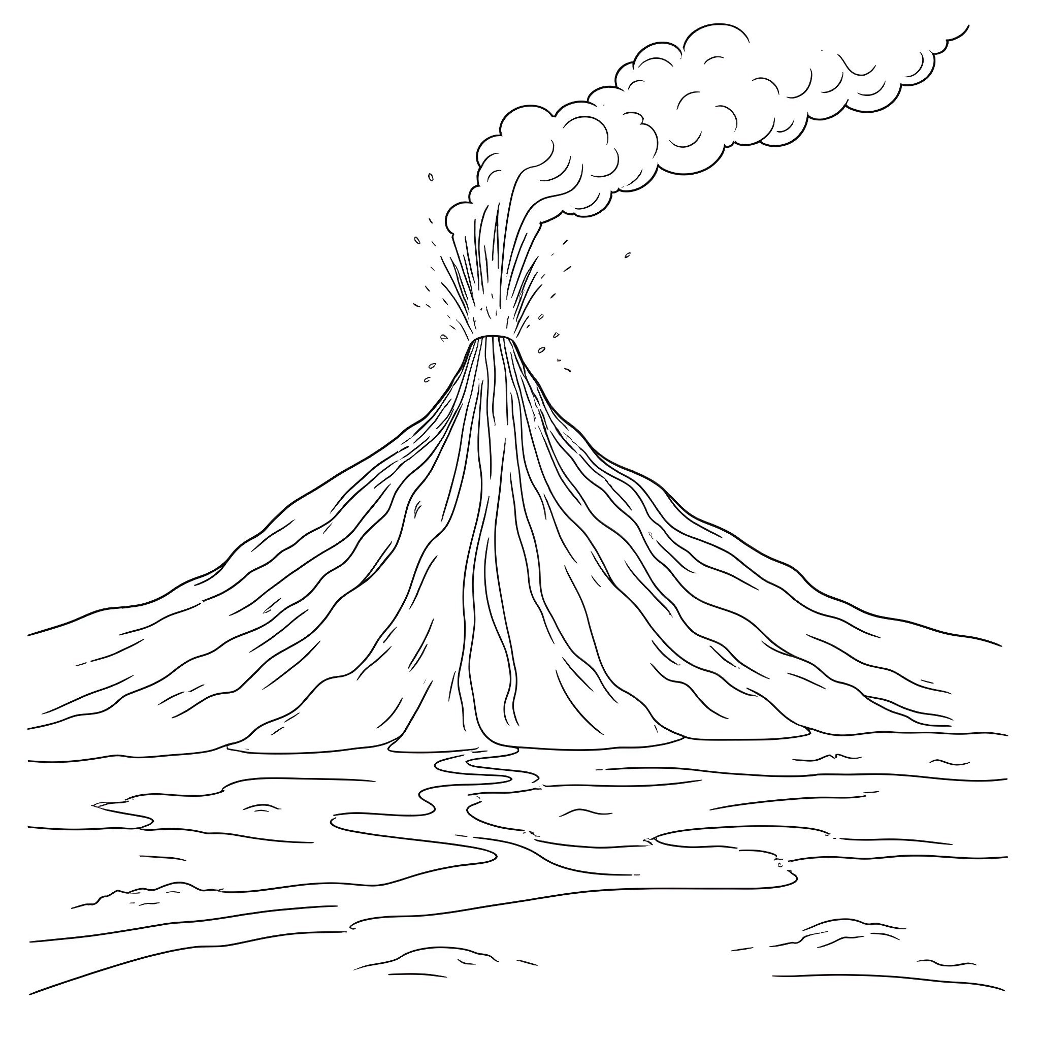 Volcano erupting with billowing smoke in the landscape Coloring Page (free black-and-white line drawing printable PDF for all, from beginners to advanced learners, including children, teens, adults, and seniors)