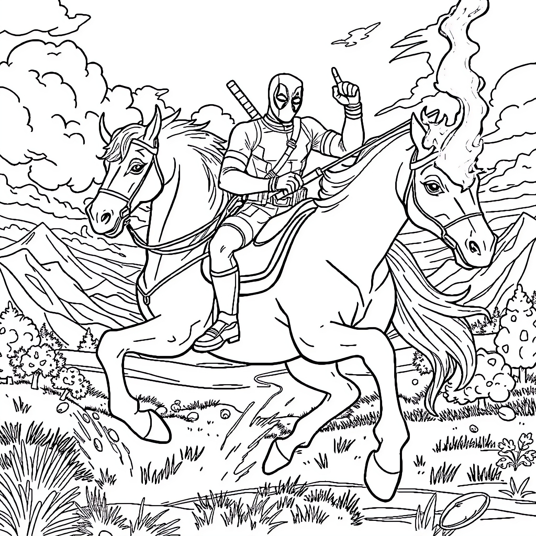 Deadpool's Adventurous Horseback Ride Coloring Page (free black-and-white line drawing printable PDF for all, from beginners to advanced learners, including children, teens, adults, and seniors)
