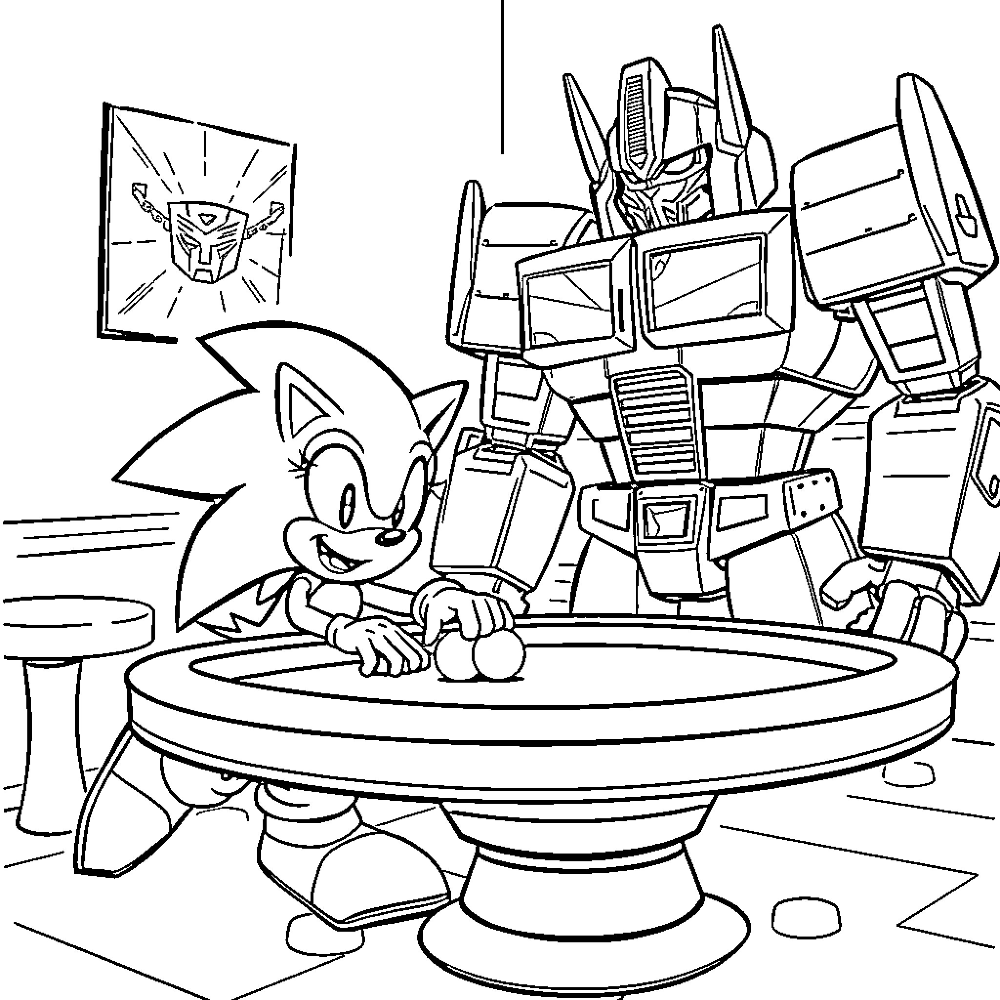 Sonic enjoying a game with a giant robot Coloring Page (free black-and-white line drawing printable PDF for all, from beginners to advanced learners, including children, teens, adults, and seniors)