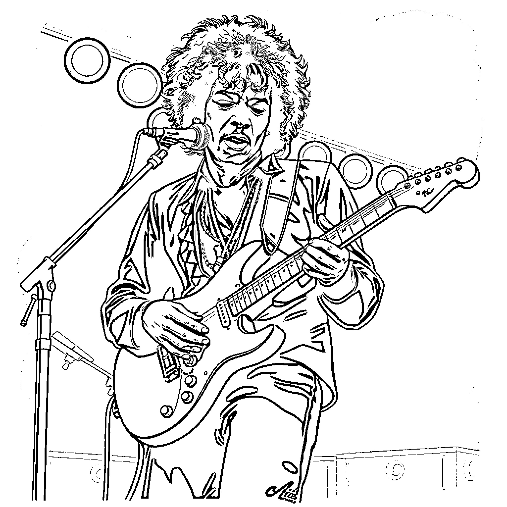 Jimi Hendrix performing on stage with guitar Coloring Page (free black-and-white line drawing printable PDF for all, from beginners to advanced learners, including children, teens, adults, and seniors)