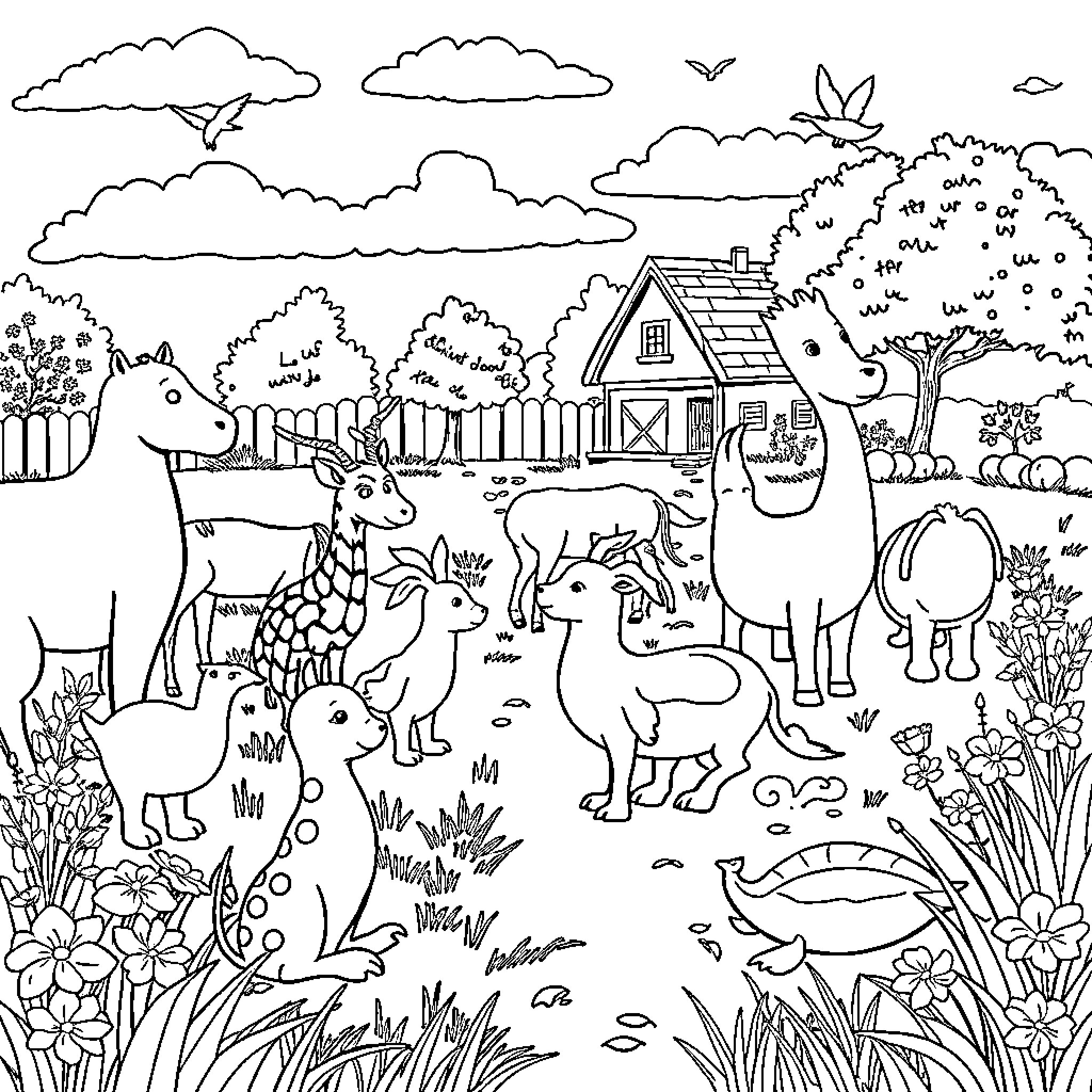 Farm animals and countryside scene Coloring Page (free black-and-white line drawing printable PDF for all, from beginners to advanced learners, including children, teens, adults, and seniors)