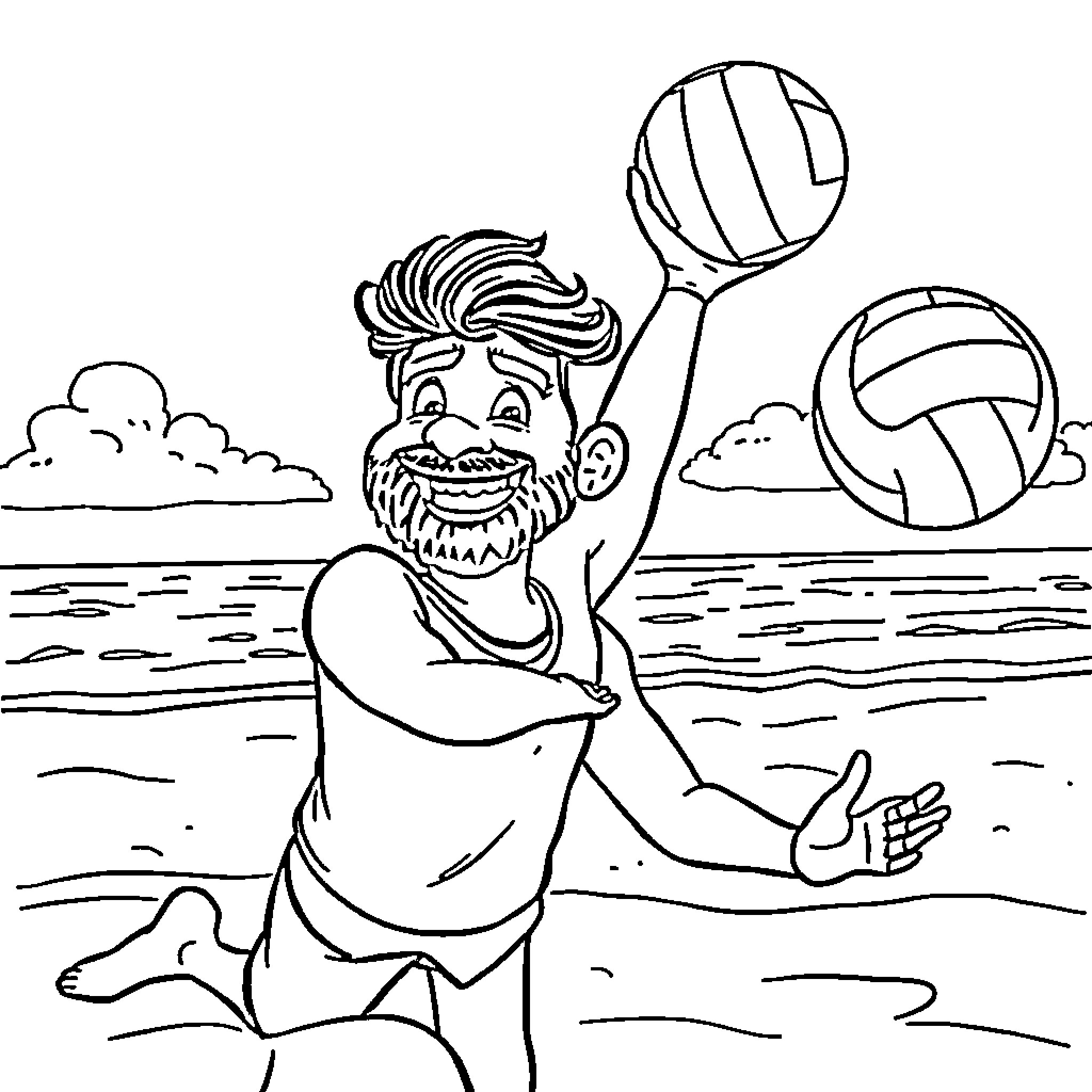 Balakrishna playing volleyball on the beach Coloring Page (free black-and-white line drawing printable PDF for all, from beginners to advanced learners, including children, teens, adults, and seniors)