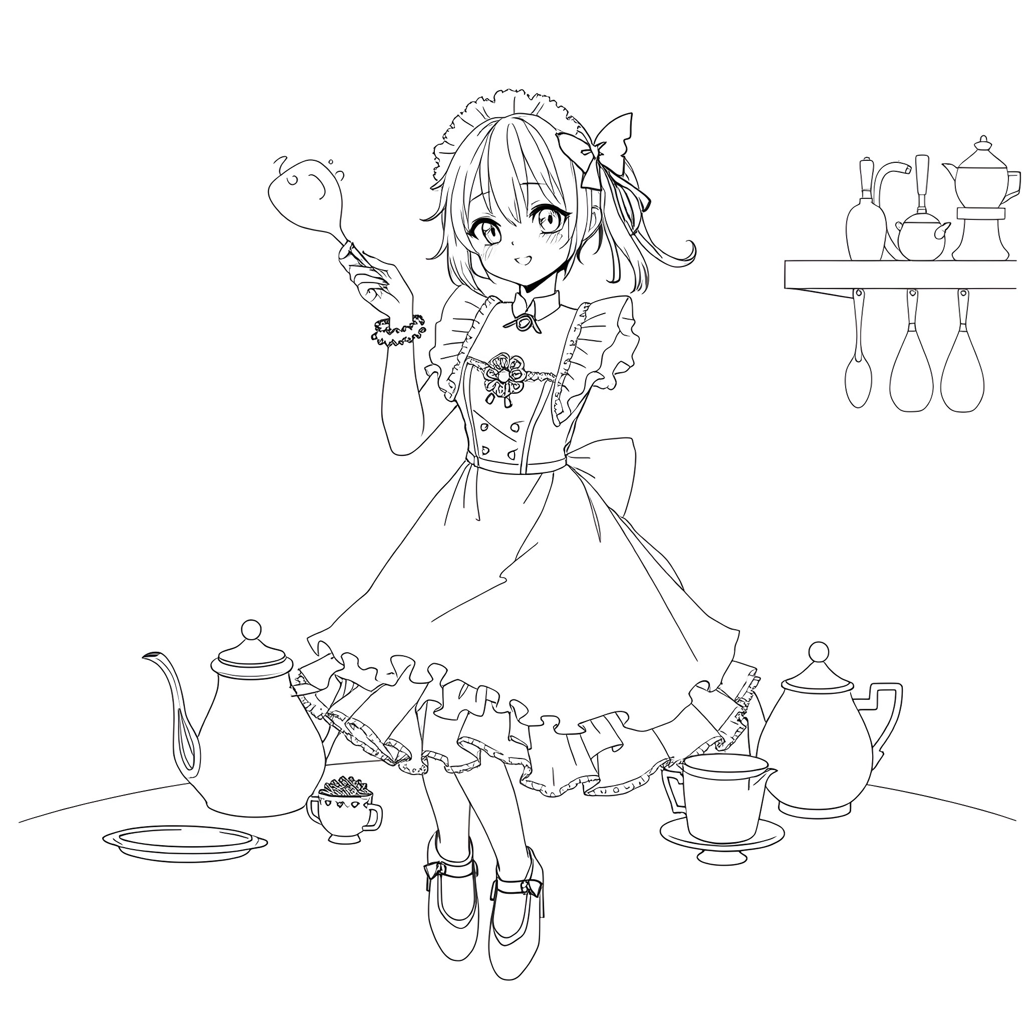 Kuromi's Whimsical Tea Party Coloring Page (free black-and-white line drawing printable PDF for all, from beginners to advanced learners, including children, teens, adults, and seniors)