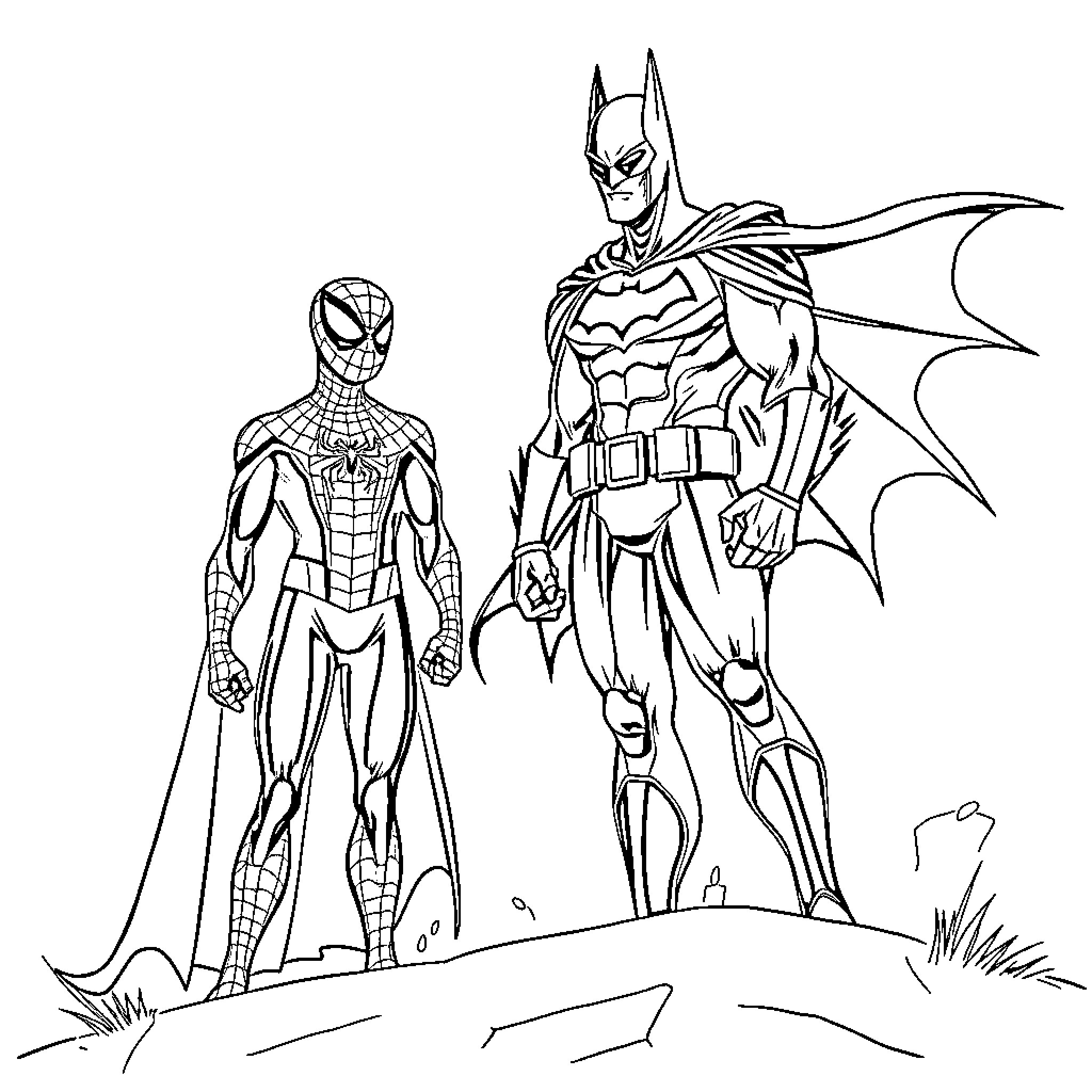 Spidey and Batman team up on duty Coloring Page (free black-and-white line drawing printable PDF for all, from beginners to advanced learners, including children, teens, adults, and seniors)