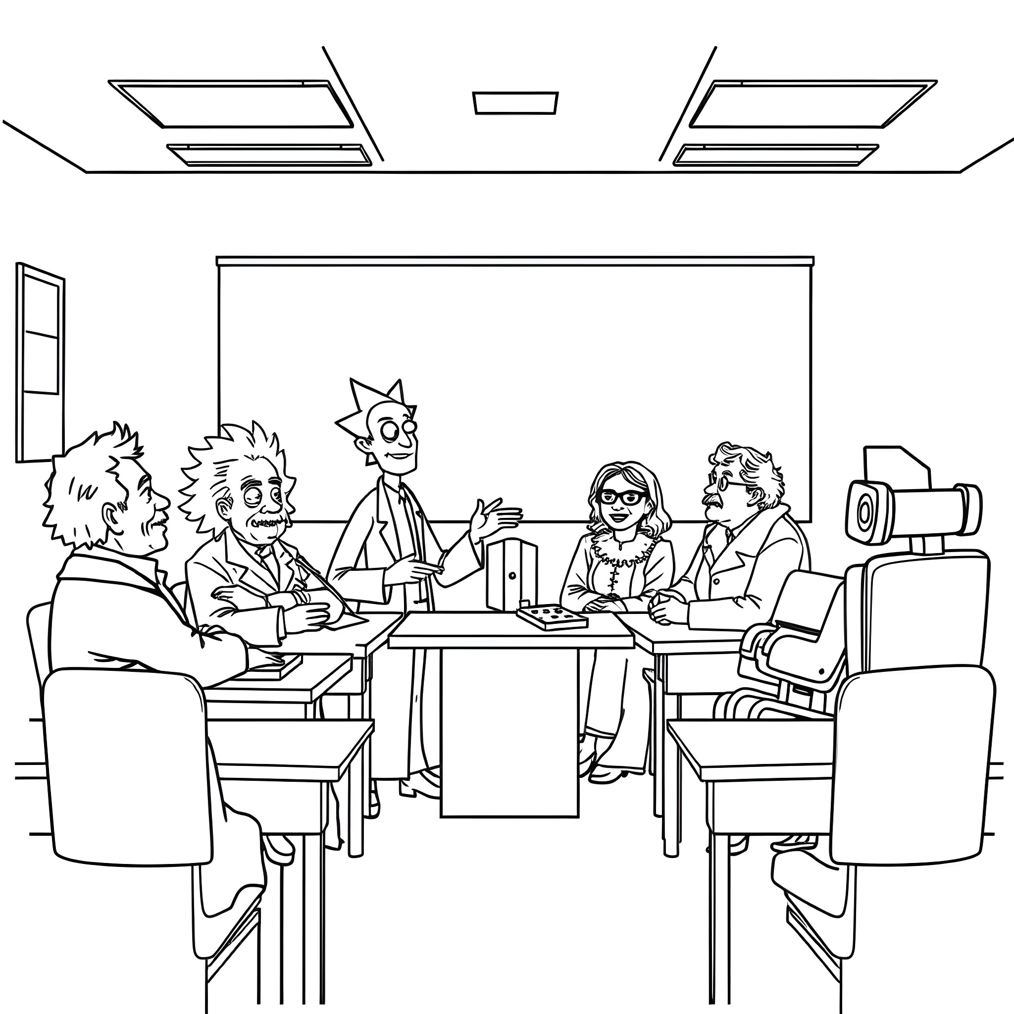 Scientist meeting in a conference room Coloring Page (free black-and-white line drawing printable PDF for all, from beginners to advanced learners, including children, teens, adults, and seniors)