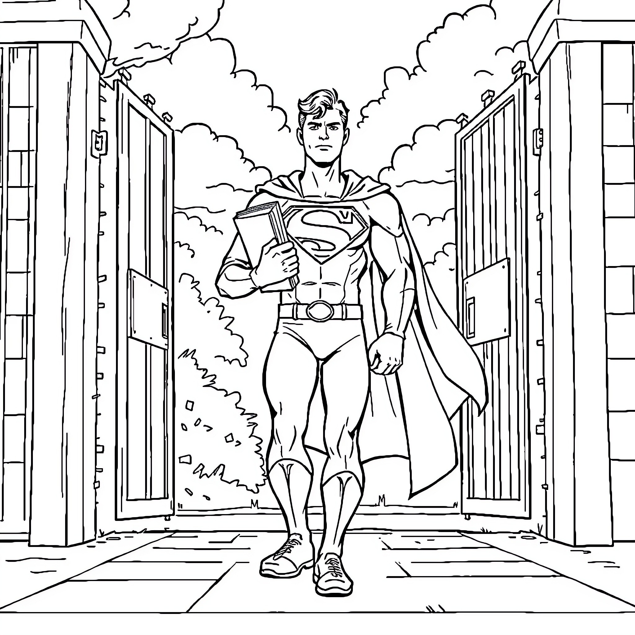 Superman heroically entering the city Coloring Page (free black-and-white line drawing printable PDF for all, from beginners to advanced learners, including children, teens, adults, and seniors)