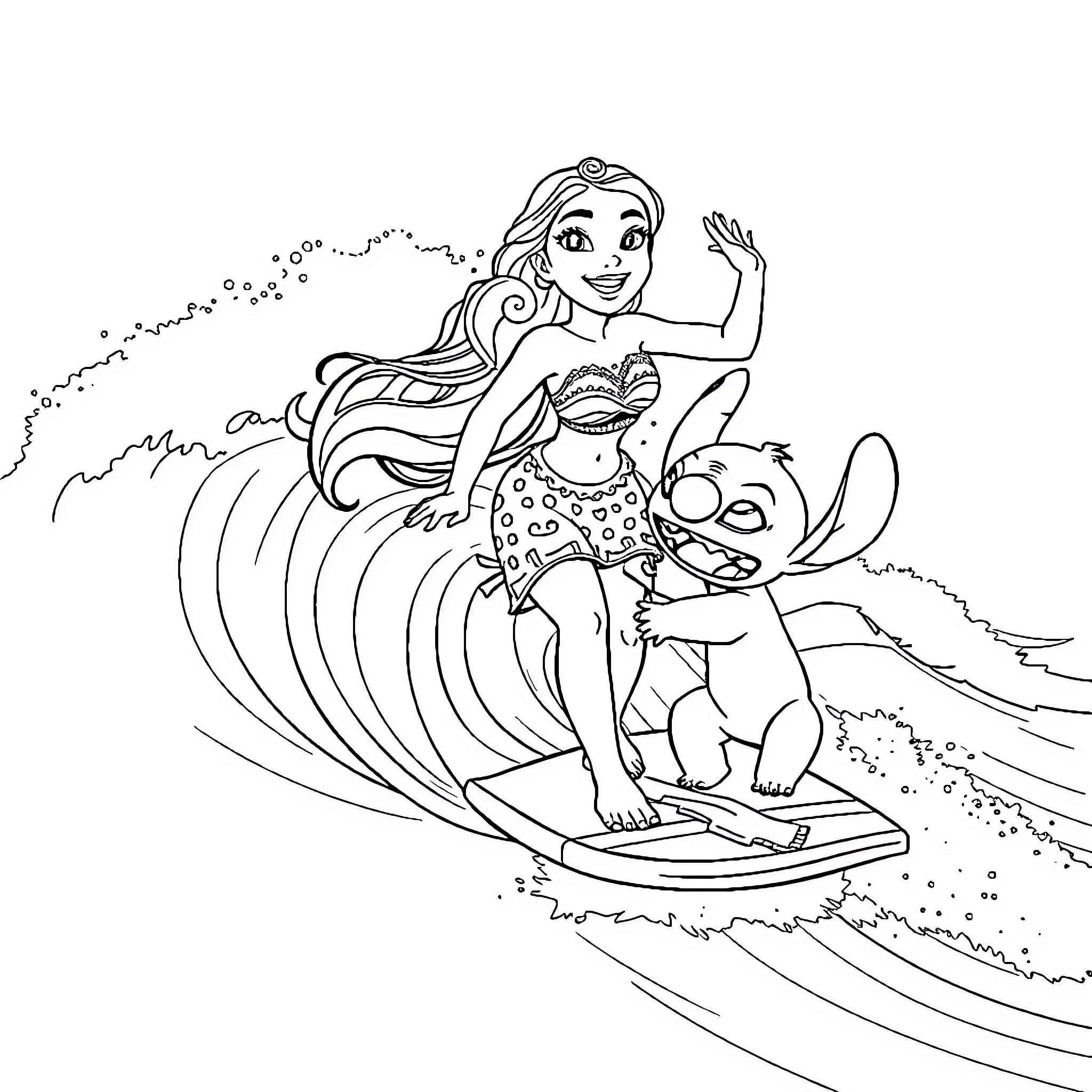 Vaiana surfing joyfully with her pet companion Coloring Page (free black-and-white line drawing printable PDF for all, from beginners to advanced learners, including children, teens, adults, and seniors)
